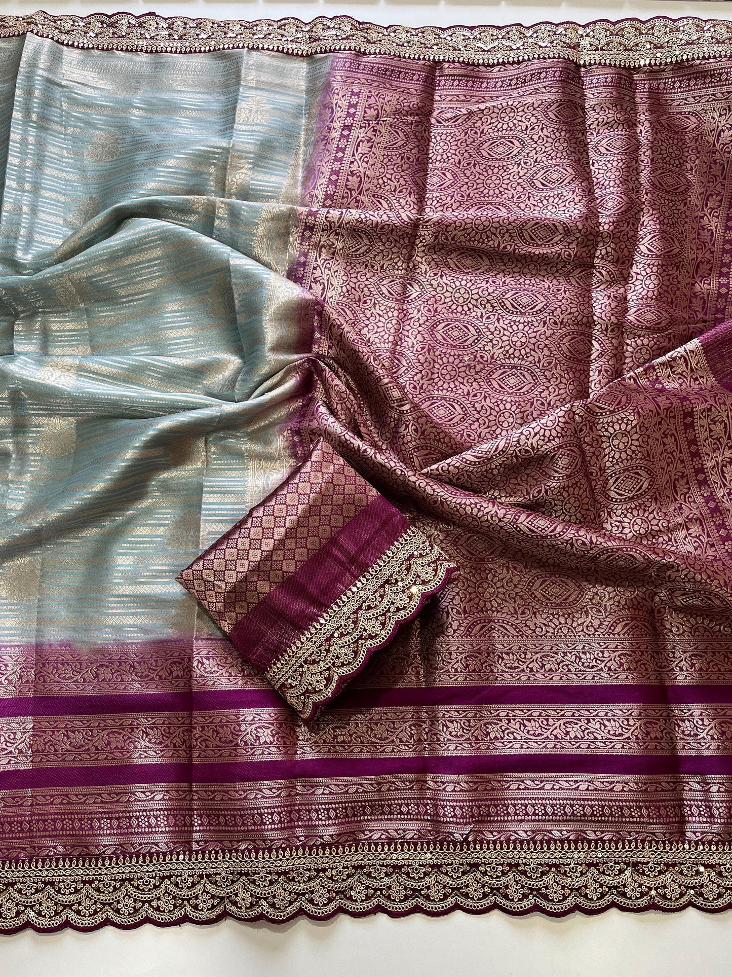 Banarasi organza tissue saree with self weaving butties on all over the sareedual shade contrast rich contrast weaving