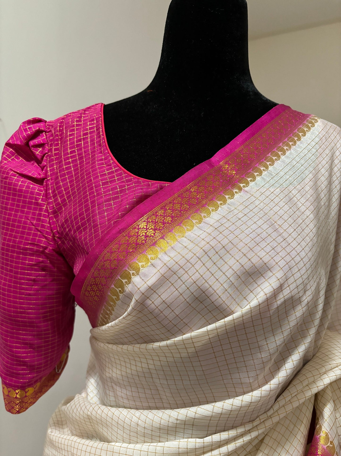 BeautifuMysore silk saree with Zari Cheks all over with beautiful white and pink Combination ready to wear designer checks blouse fits 32-46