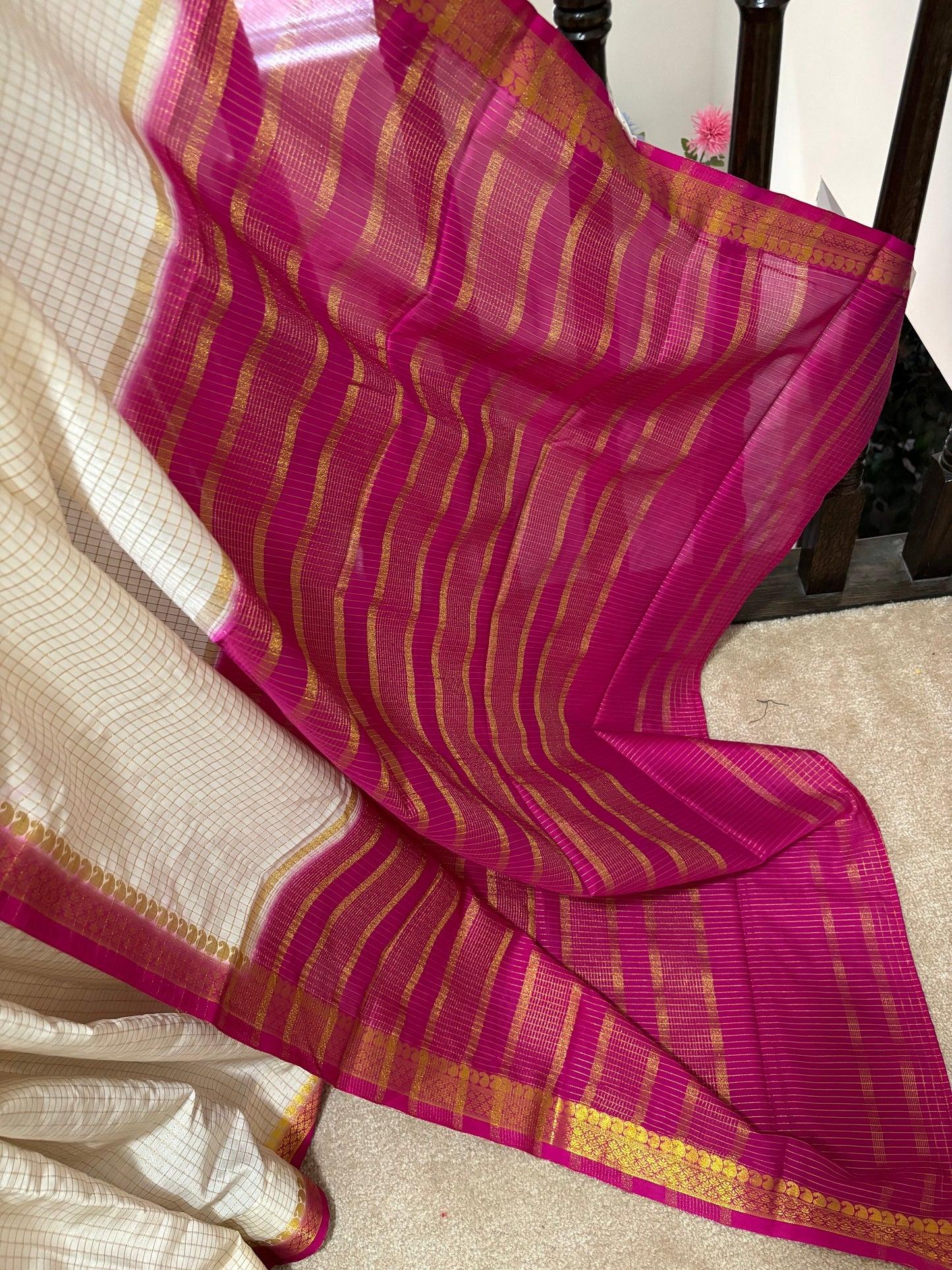 BeautifuMysore silk saree with Zari Cheks all over with beautiful white and pink Combination ready to wear designer checks blouse fits 32-46