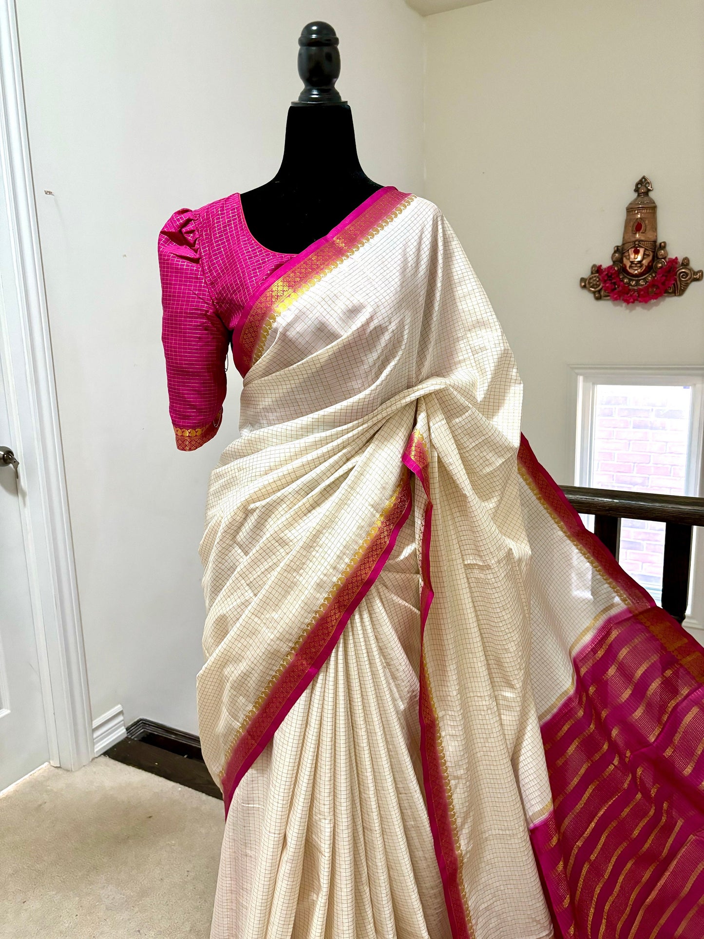 BeautifuMysore silk saree with Zari Cheks all over with beautiful white and pink Combination ready to wear designer checks blouse fits 32-46