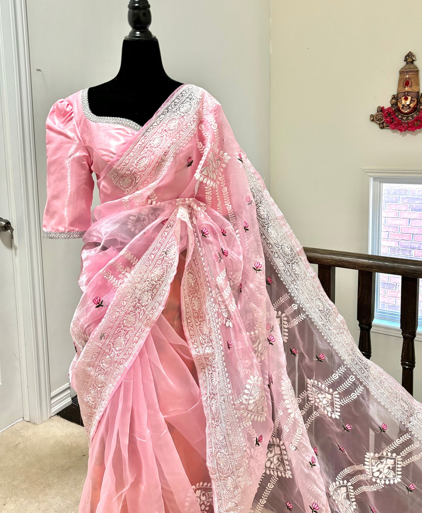 Banarasi  organza saree with beautiful chiken Kari all over the saree. Saree is ready with beautiful designer blouse that fit to 32-46 Ideal