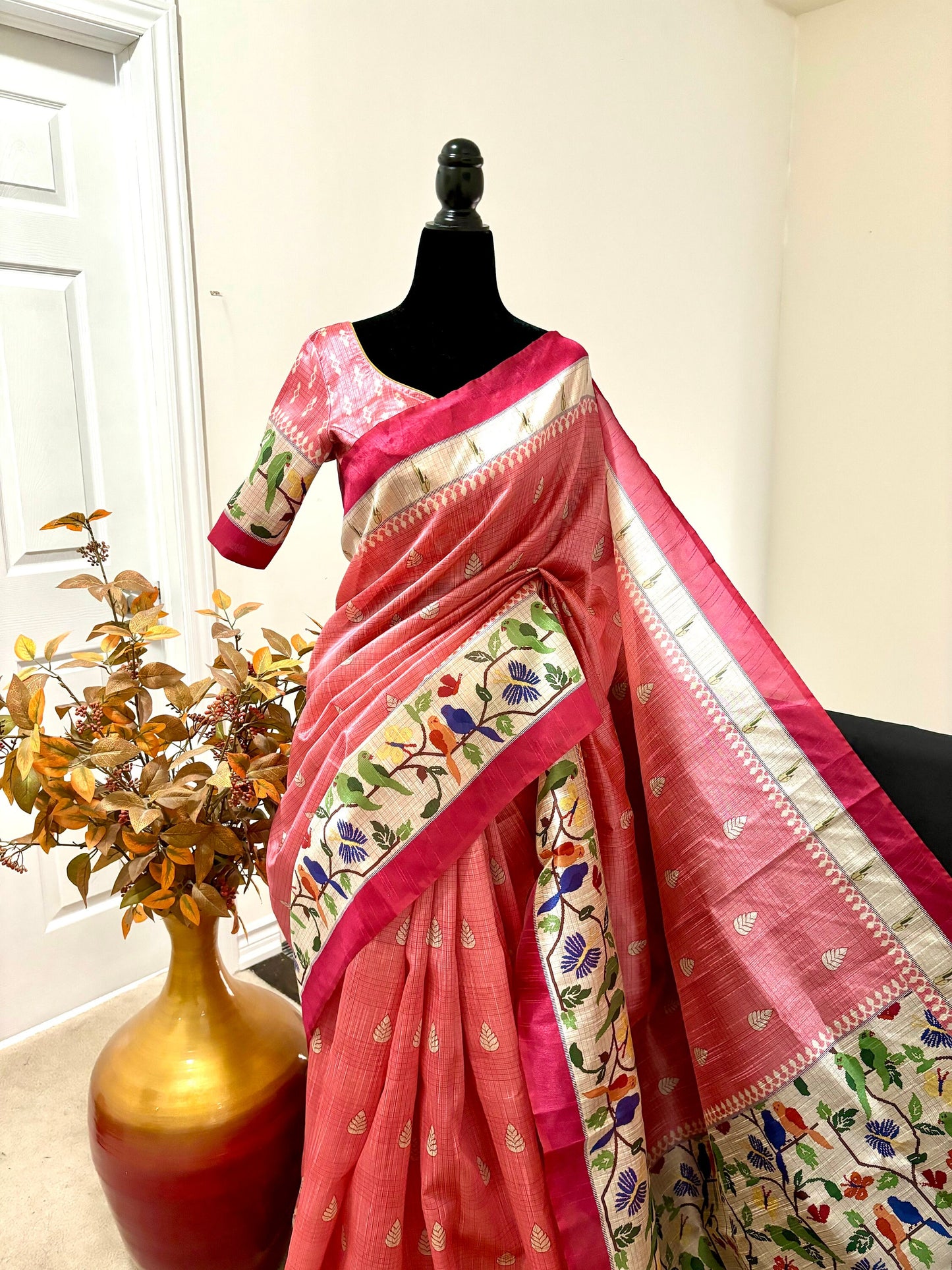 soft and smooth tussar sarees with indeed digital print _Paithani design all over saree ready to wear blouse fits to 32-46