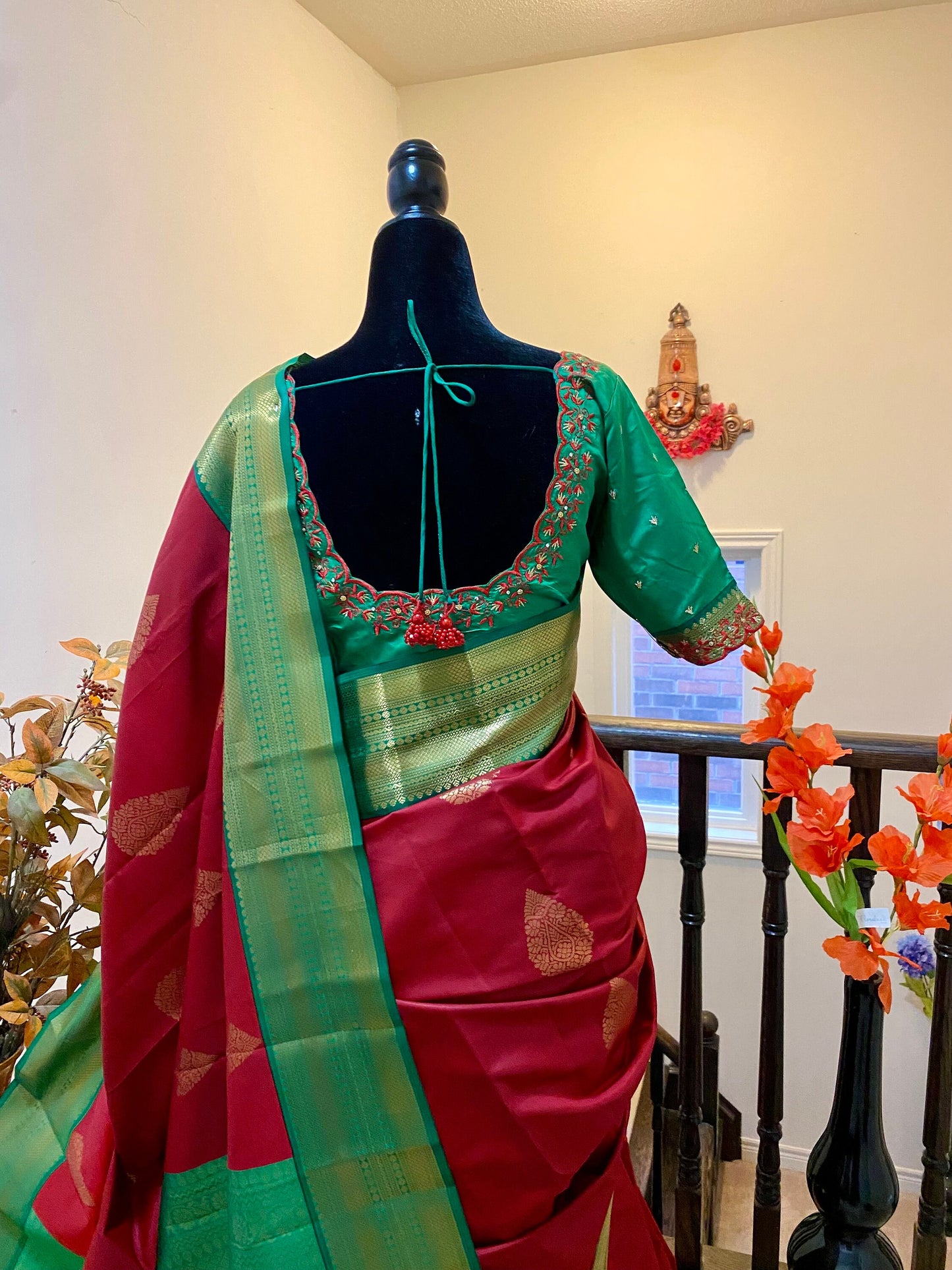 Kanchipuram soft  silk saree with ready to wear maggam work blouse fits to 32 to 46