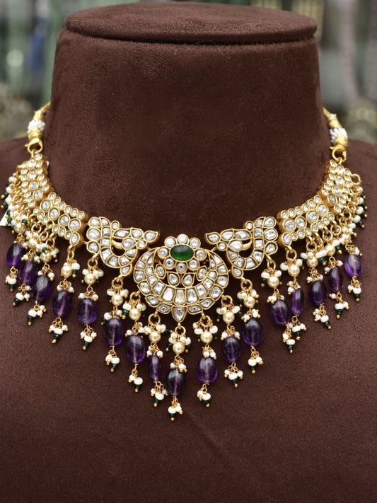 Hand made 24 carrot gold coated  beautifully done fresh water pearl and Kundan precious beeds studded Necklace