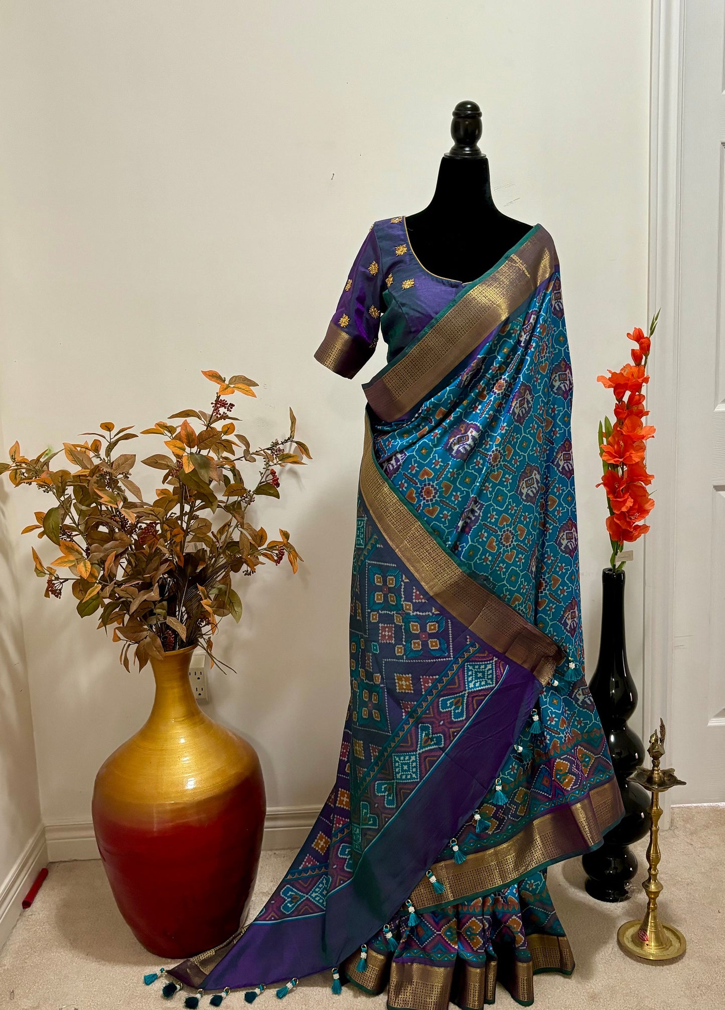 Light weight peacock color patola fancy saree ready to wear work blouse blouse all over gold maggam flowers fits to 32-46