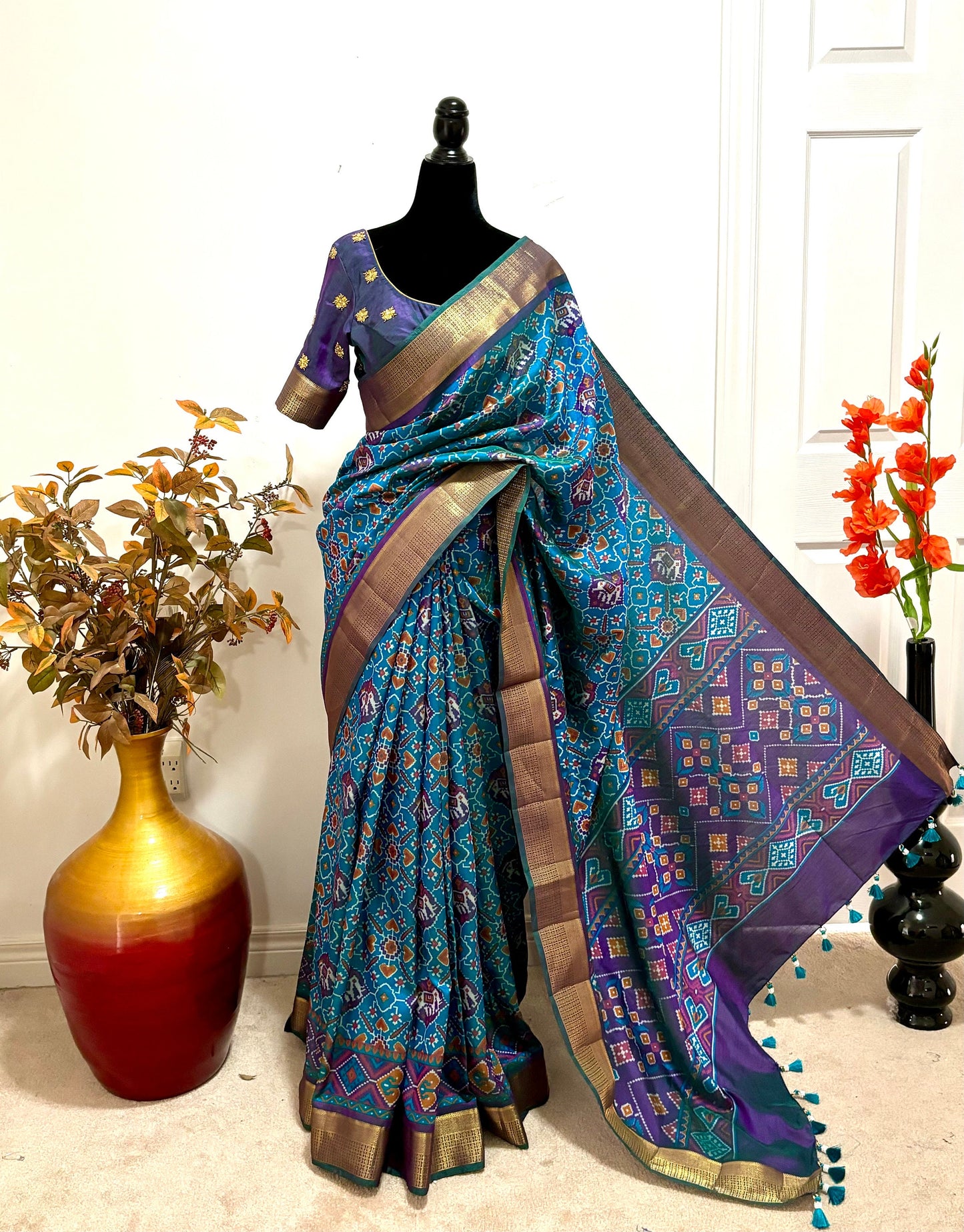 Light weight peacock color patola fancy saree ready to wear work blouse blouse all over gold maggam flowers fits to 32-46