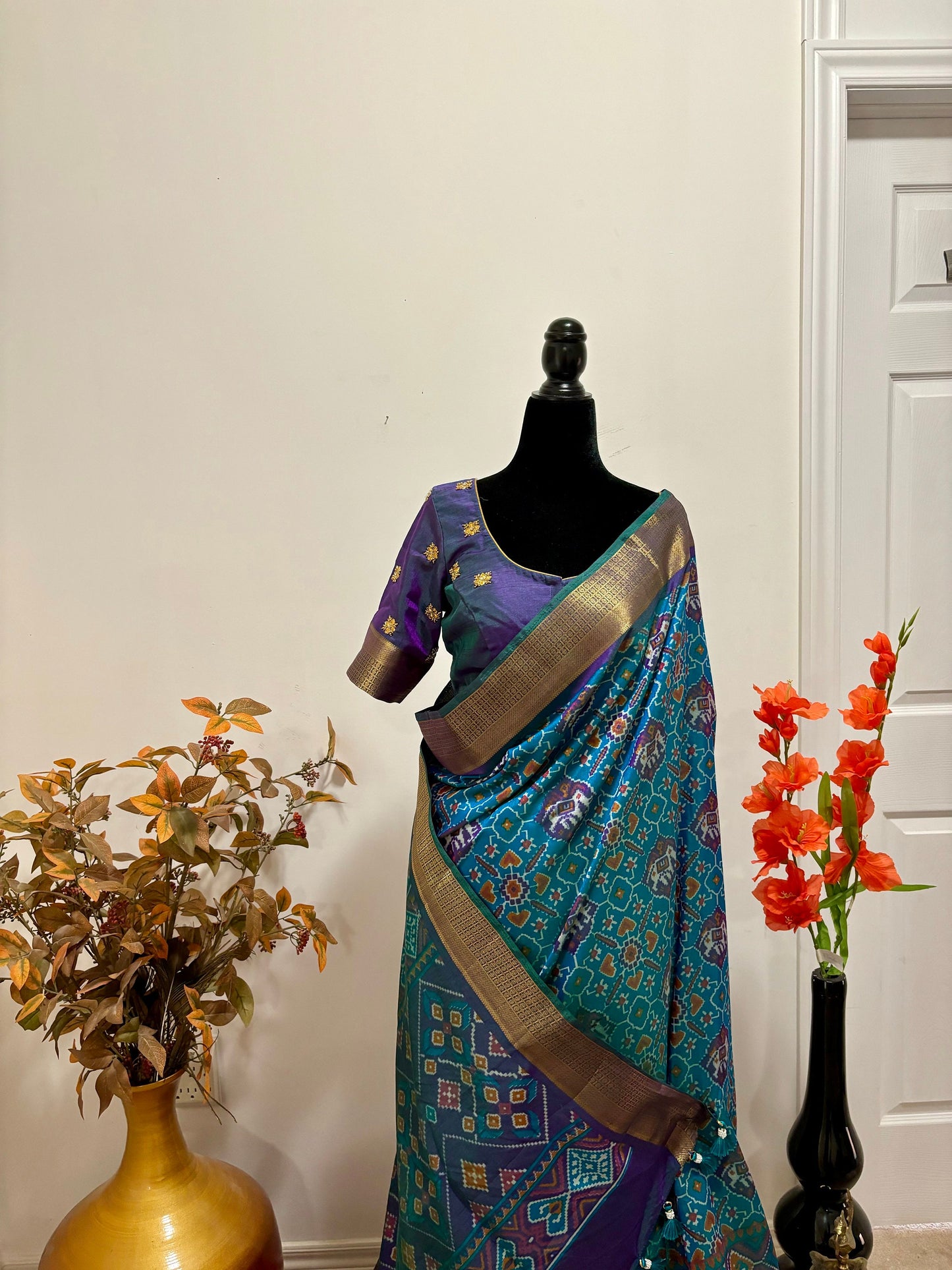 Light weight peacock color patola fancy saree ready to wear work blouse blouse all over gold maggam flowers fits to 32-46