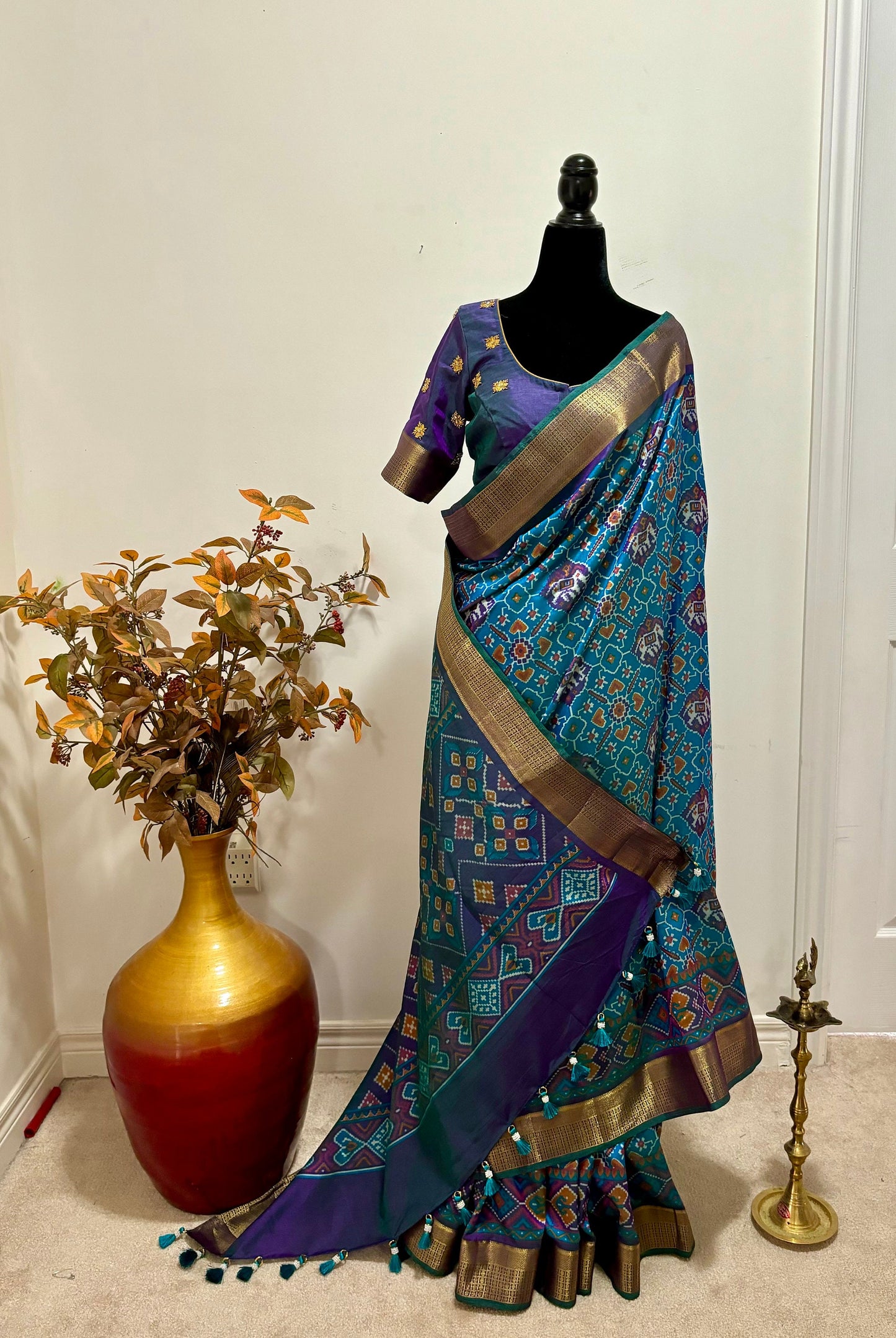 Light weight peacock color patola fancy saree ready to wear work blouse blouse all over gold maggam flowers fits to 32-46