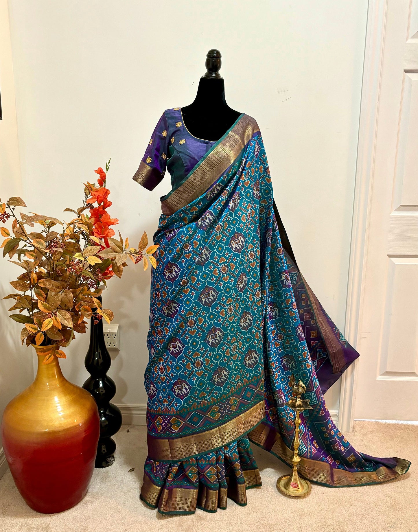 Light weight peacock color patola fancy saree ready to wear work blouse blouse all over gold maggam flowers fits to 32-46