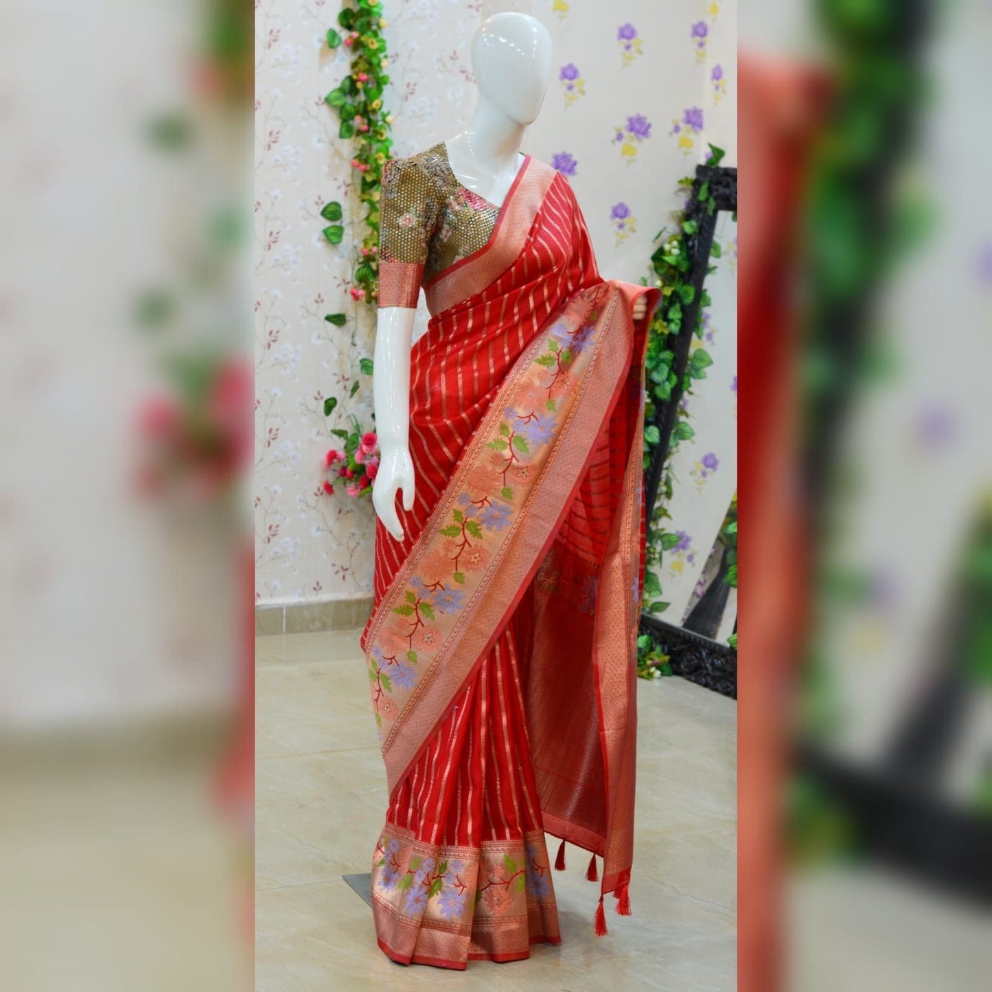 Beautiful kota silk saree paired up with pretty floral embroidery work blouse. Blouse sizes can be customized.