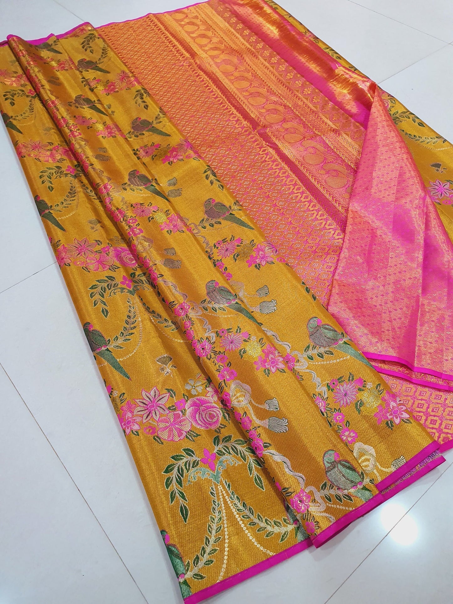 3 gram premium  gold 4d special the original pure silk sarees full 4d exclusive floral with parrot elegant designer Kanjeevaram/kanchipattu