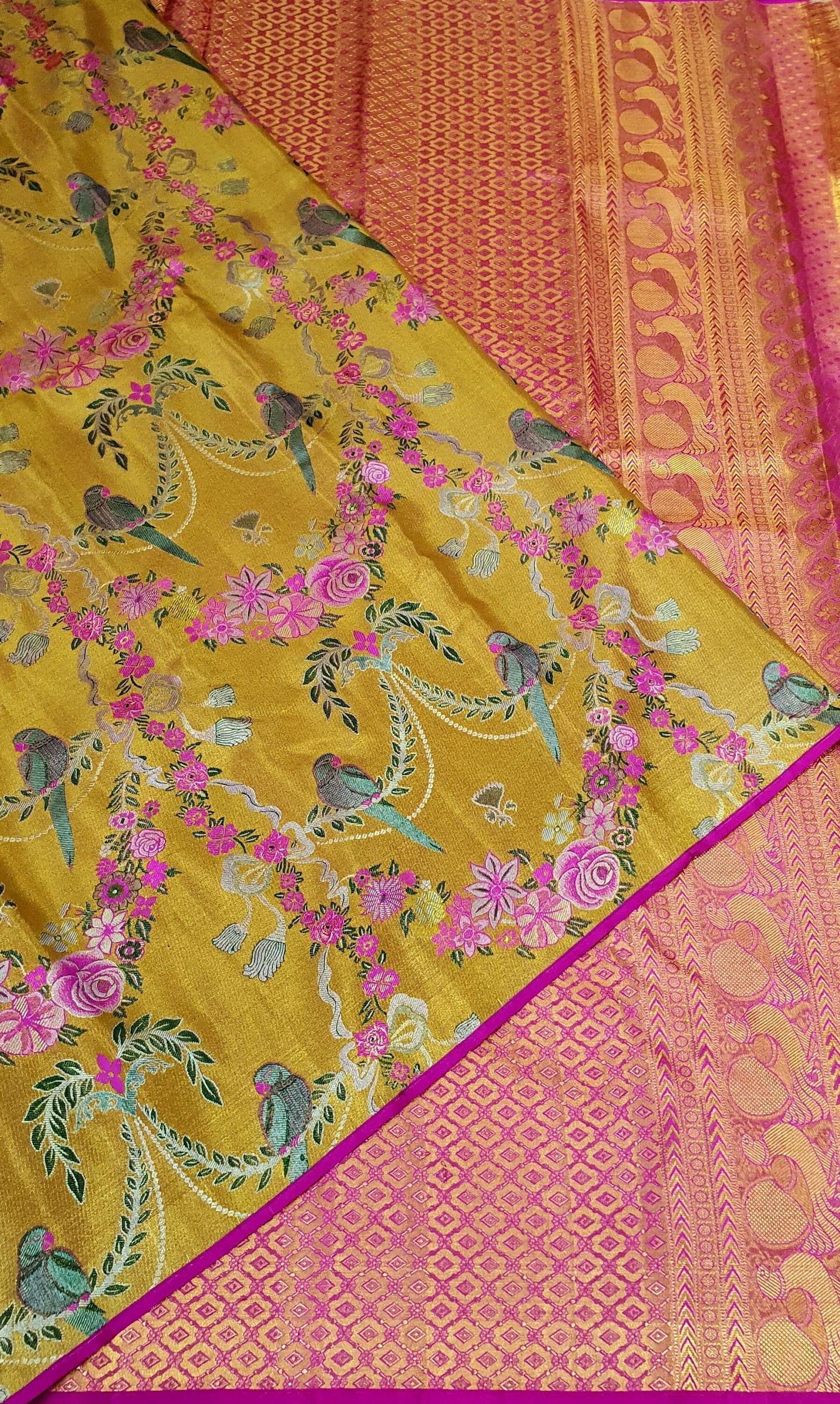 3 gram premium  gold 4d special the original pure silk sarees full 4d exclusive floral with parrot elegant designer Kanjeevaram/kanchipattu