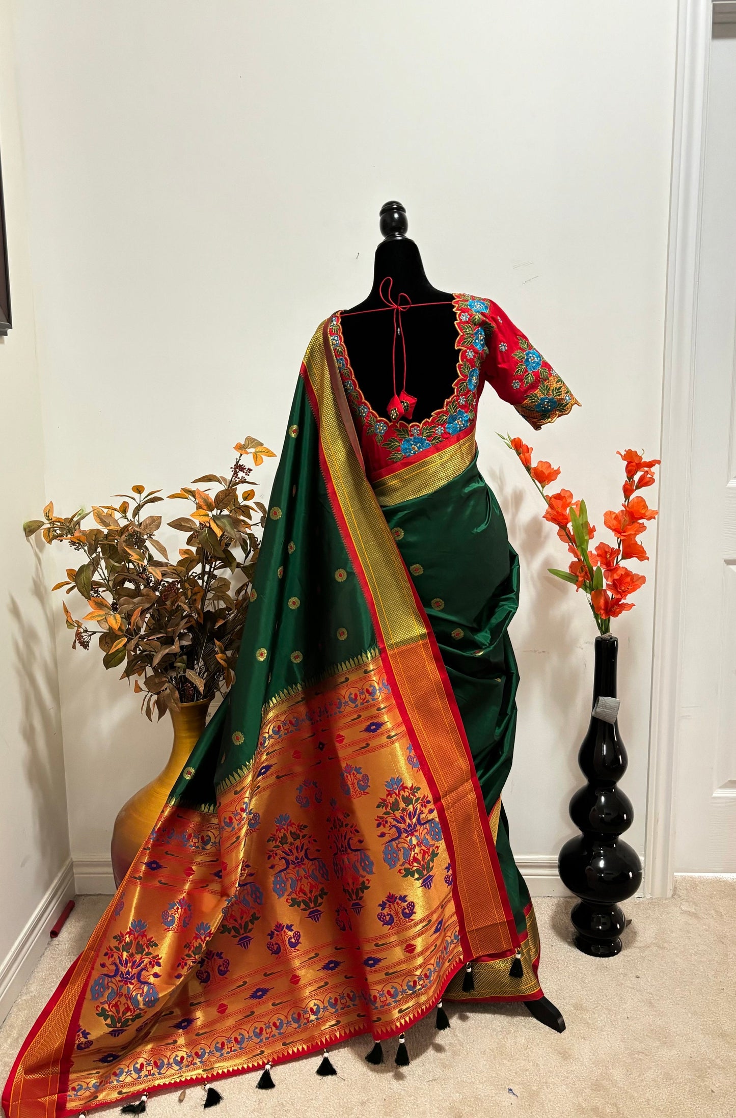 Beautiful pythani pure silk saree with   ready to wear beautiful  work blouse fits up to 32 to 46 Bottle green color, saree is ready to wear