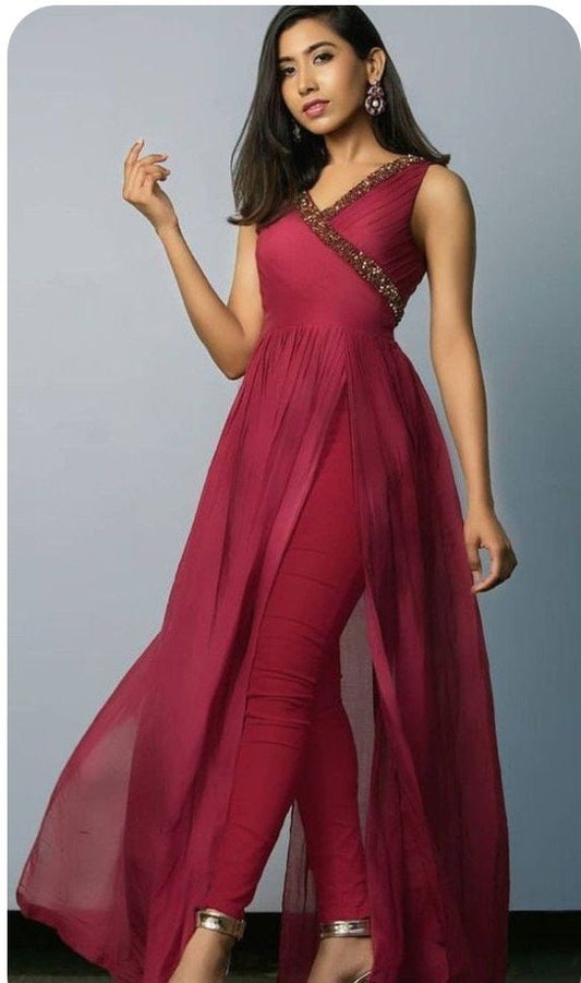 V shaped neck evening Party wears with zardosi hand work for neck classy look, made of soft chiffon cloth / any color possible any size