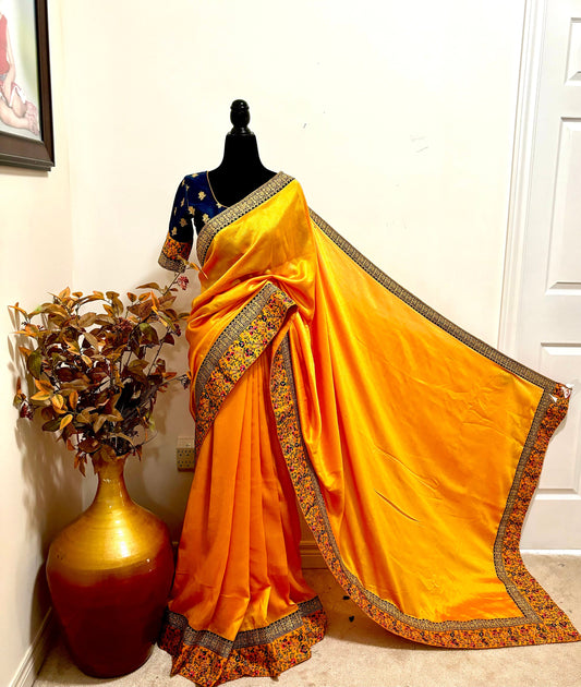 Designer soft Crape  silk Saree with beautiful work boarder / ready to wear Maggam work blouse fits to 32 to 46 .Saree is ready fall andpico