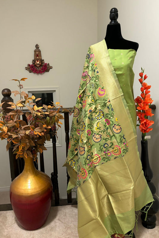 handloom  pure Silk Banarasi suite/Dress meterial fits to all sizes Mehindi Green color party wear suite / Dress ideal for occasions