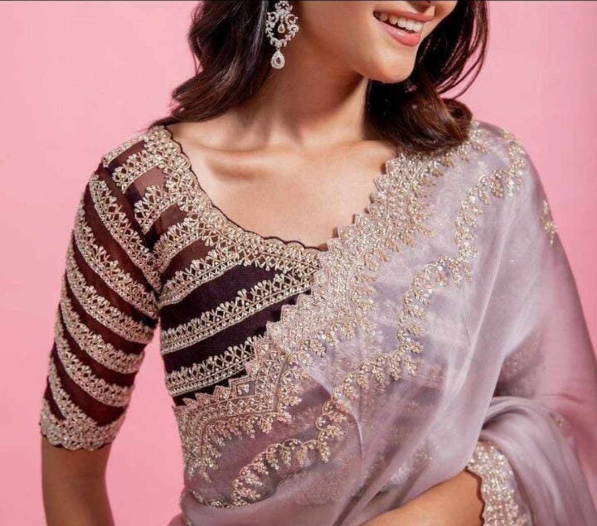 Silver color maggam / Aari Workzardosi net hands  work Blouse ready to wear fits to 32-46