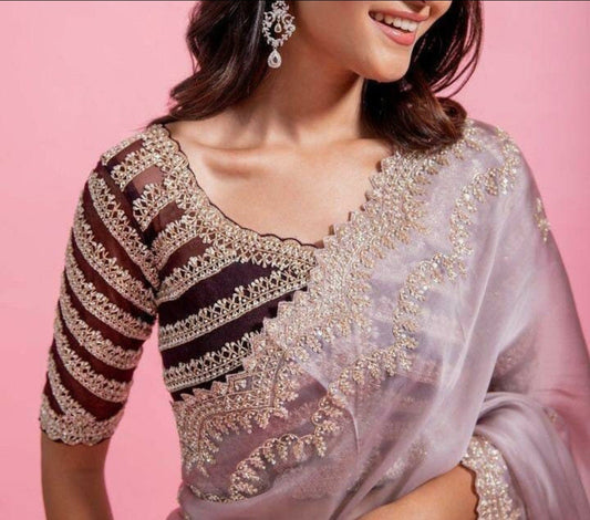 Silver color maggam / Aari Workzardosi net hands  work Blouse ready to wear fits to 32-46