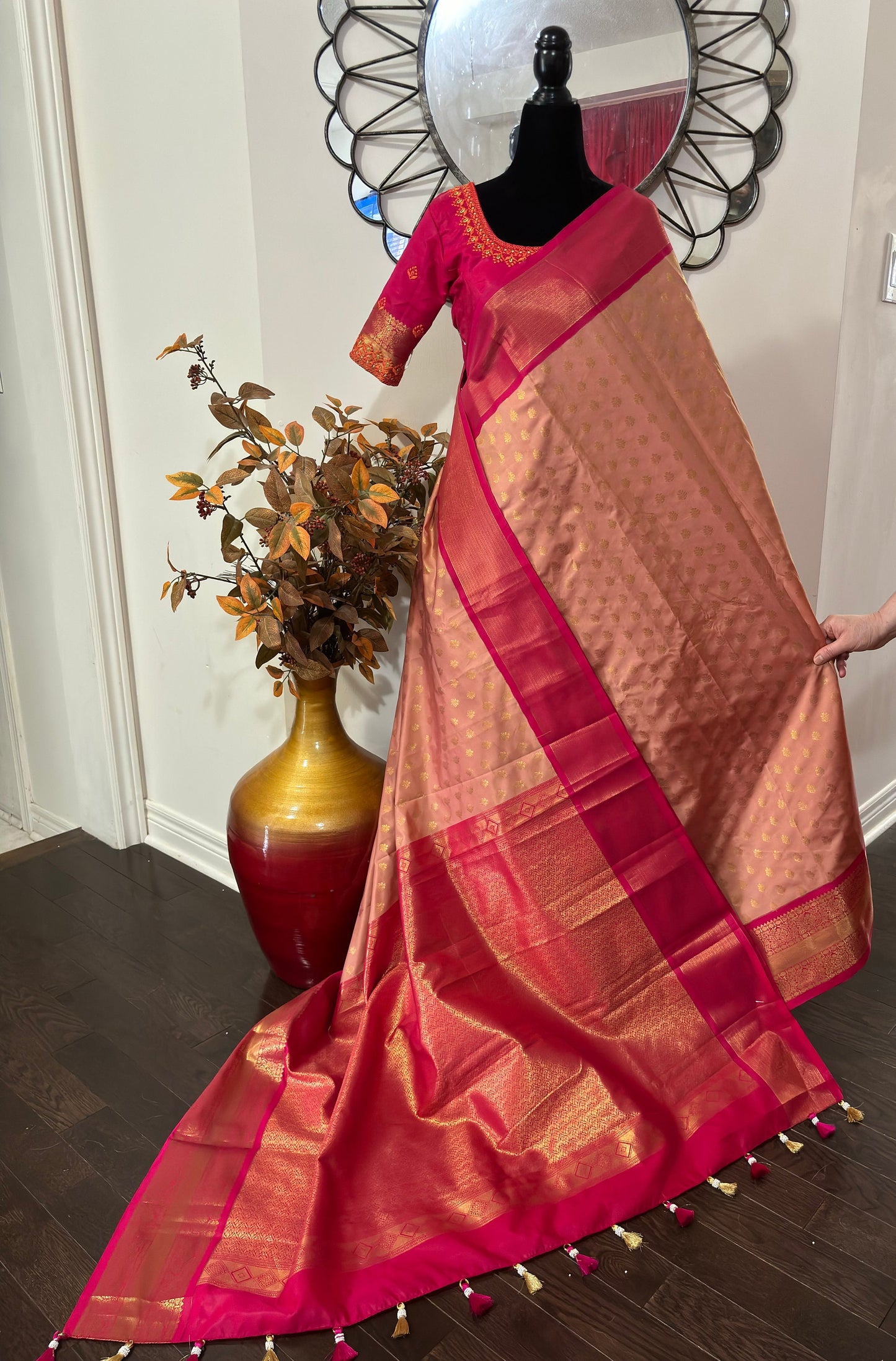 Soft Silk Kanjeevarm/Kanchipattu Sarees; Rose gold and hot pink combination  ready to wear Blouse fits 32-46