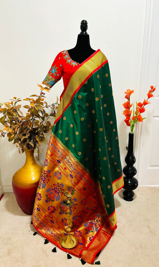 Beautiful pythani pure silk saree with   ready to wear beautiful  work blouse fits up to 32 to 46 Bottle green color, saree is ready to wear