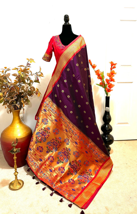 Beautiful pythani pure silk saree with   ready to wear beautiful  work blouse fits up to 32 to 46  purple  color, saree is ready to wear