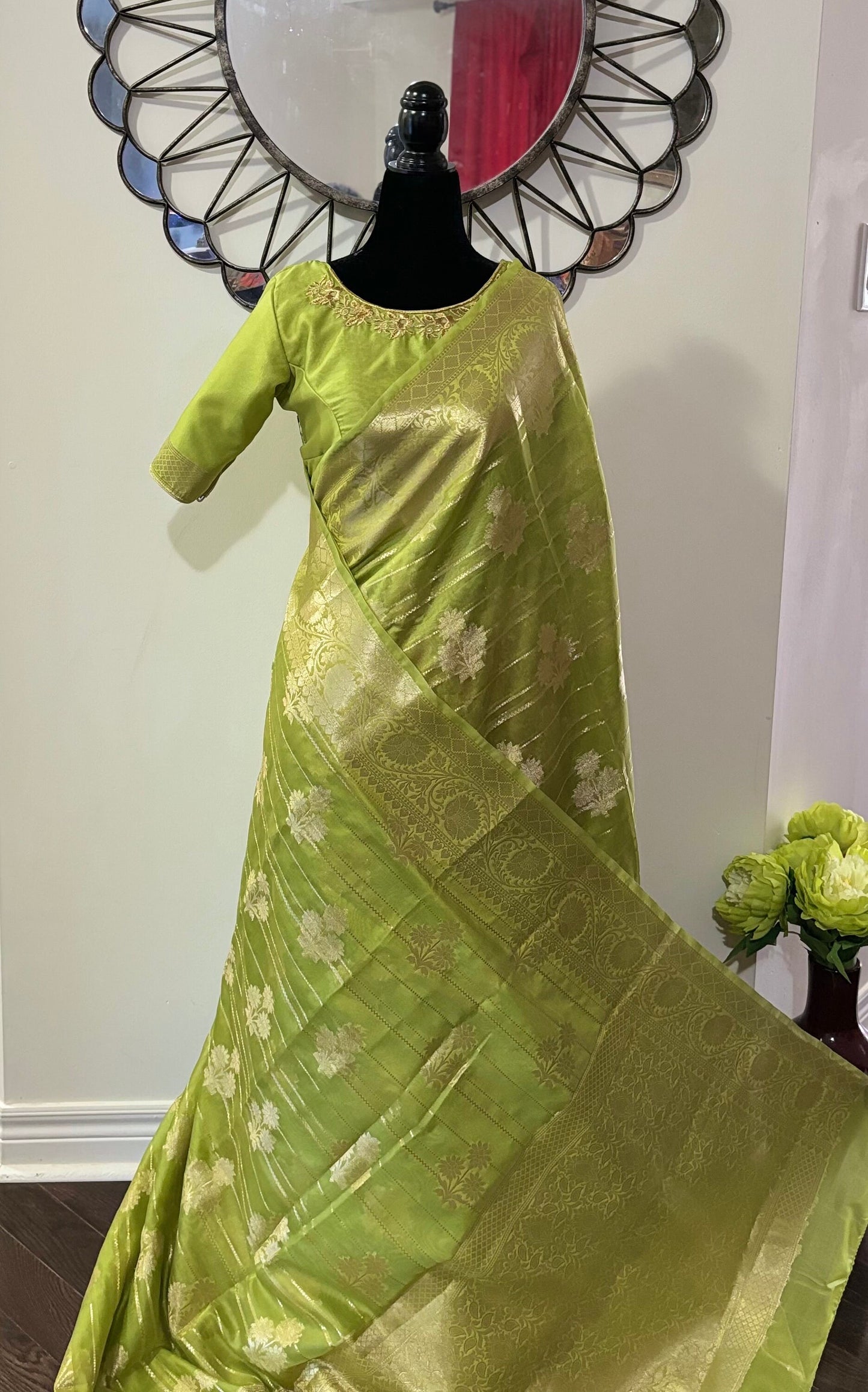 Banarasi kora organza saree in beautiful pestal shades paired up with ready to wear pretty maggam designer blouse fits to 32 to 46 size