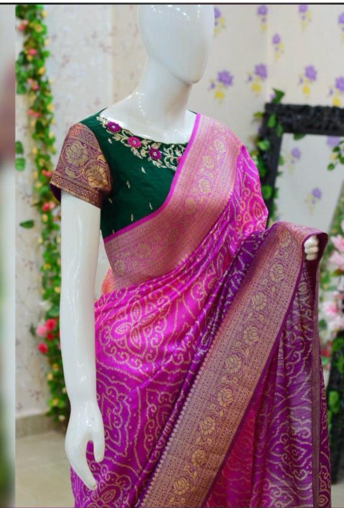 Beautiful banarasi saree paired up with pretty maggam work blouse. Swipe left for colors. Ready to wear maggam Blouse 32-46