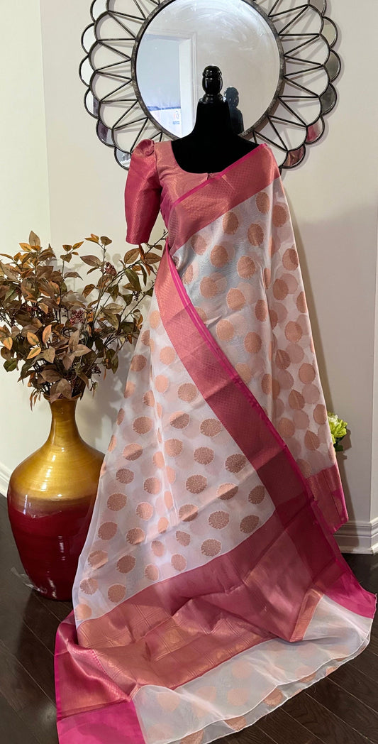 Pure silk Banarasi soft silk organza with Kanchi Boarder /Ready to wear Blouse fits 32-44