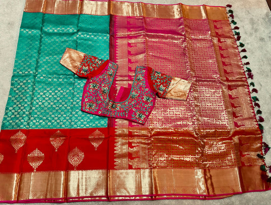 2 gram gold pure handloom  Silk Kanjeevarm/Kanchipattu Sarees; 3 color saree  ready to wear beautiful heavy maggam blouse 32-40 fit