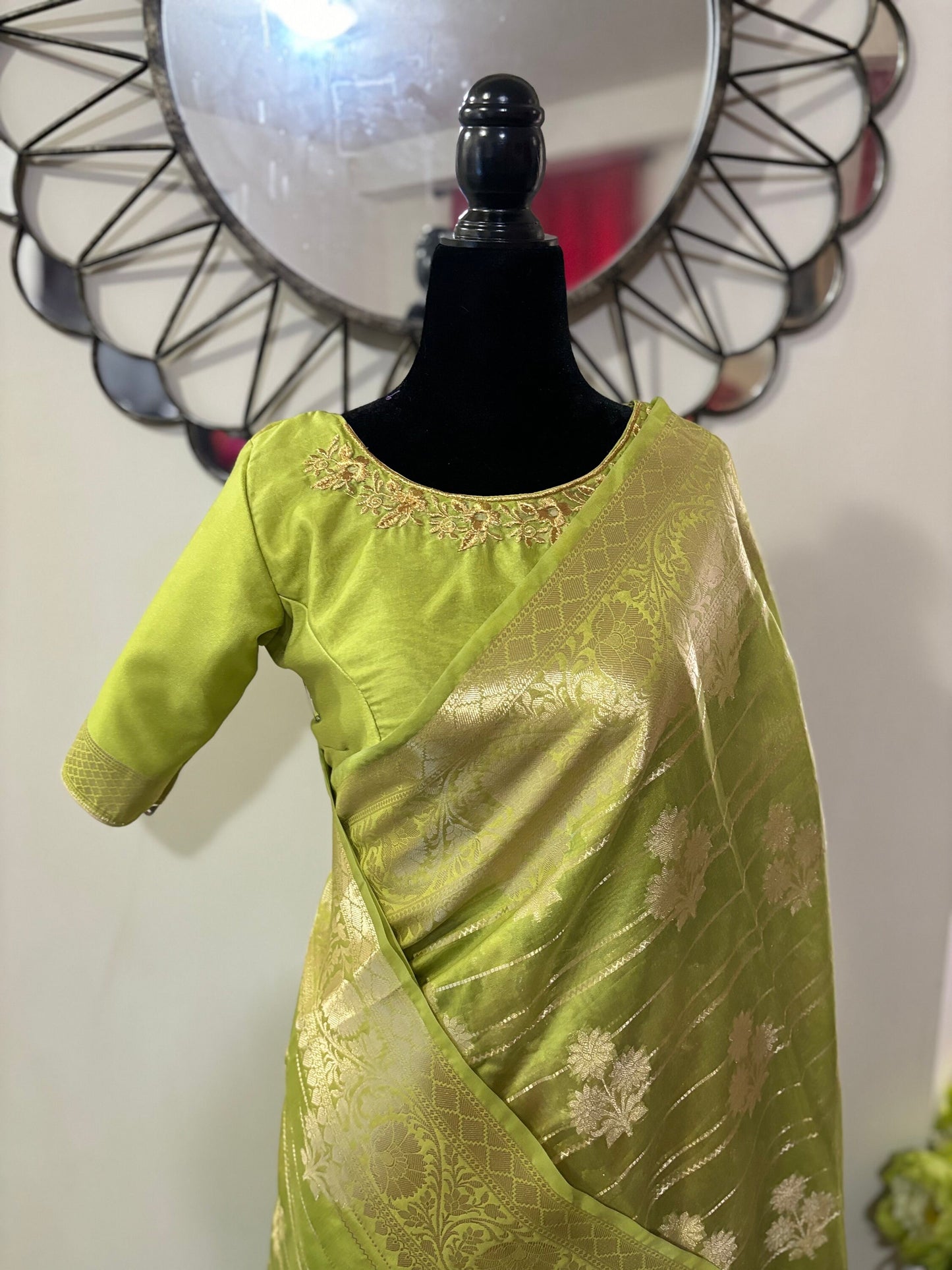 Banarasi kora organza saree in beautiful pestal shades paired up with ready to wear pretty maggam designer blouse fits to 32 to 46 size