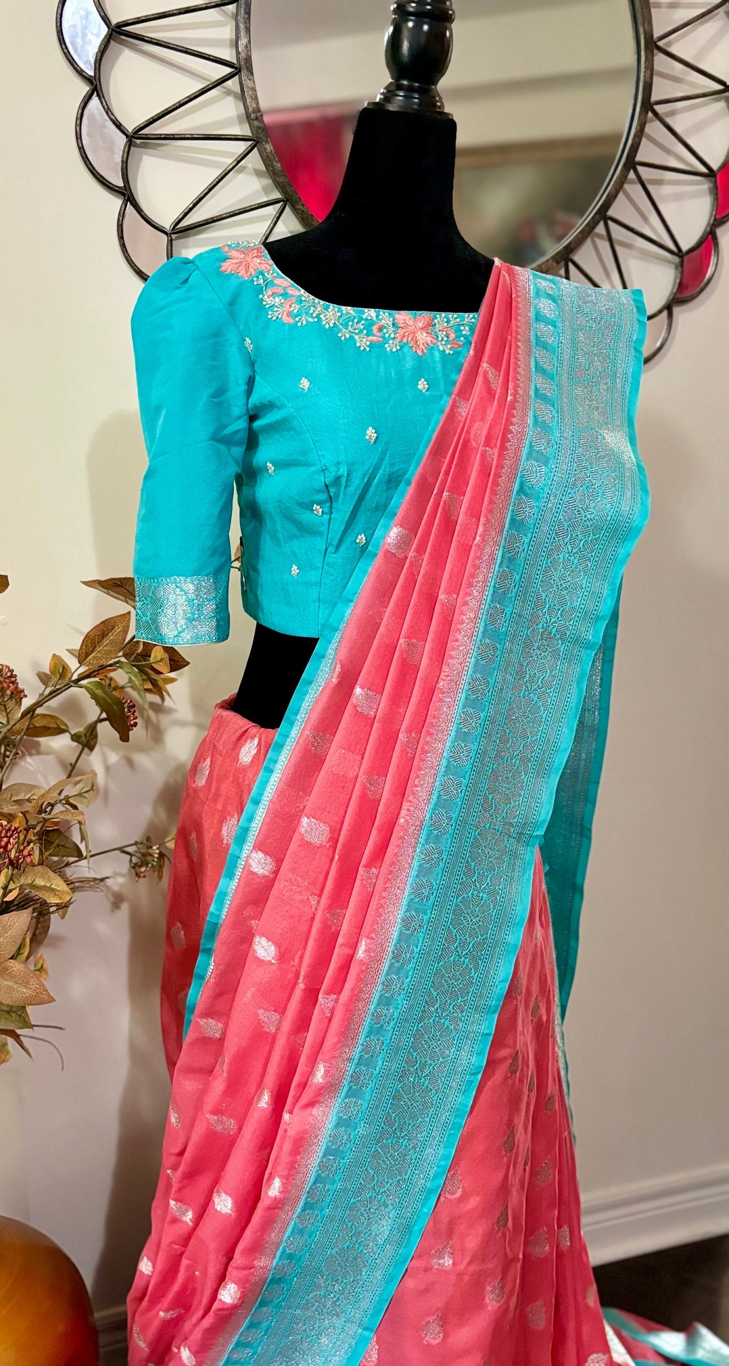 Beautiful banarasi saree paired up with pretty maggam work blouse fits to 32 to 46 awesome colors