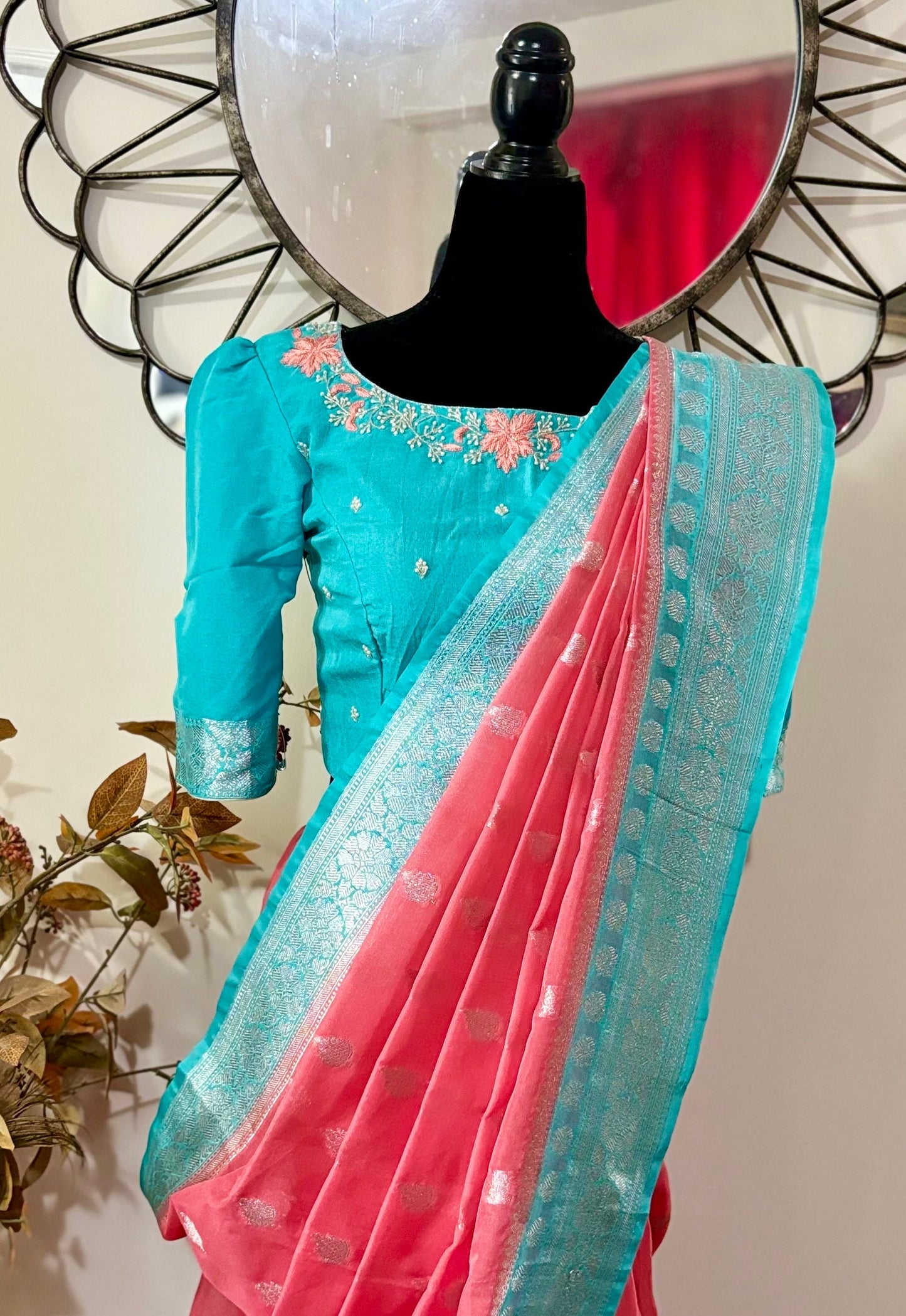 Beautiful banarasi saree paired up with pretty maggam work blouse fits to 32 to 46 awesome colors