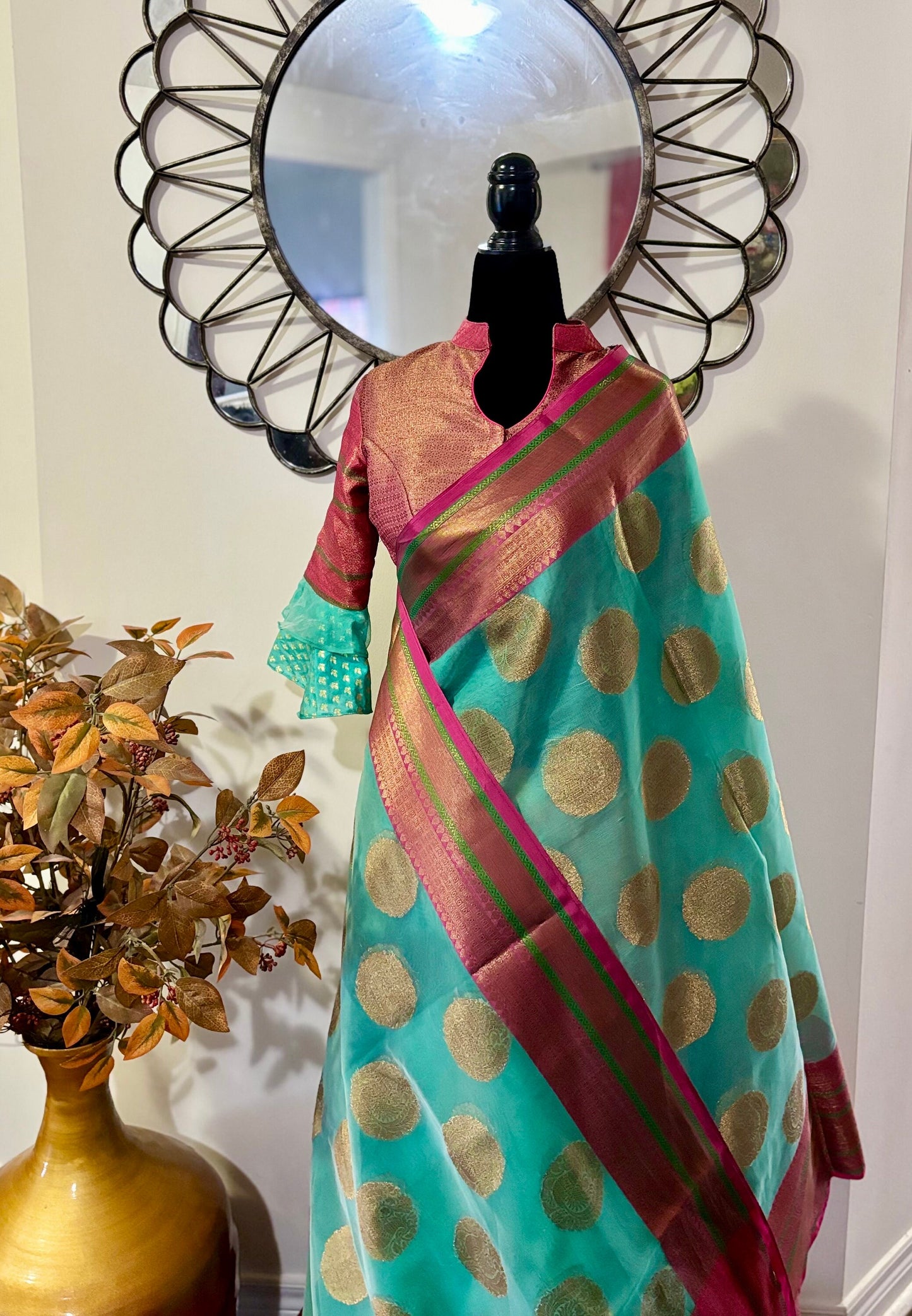 Beautiful Soft Banarasi kora organza cool pestal shades  paired up with ready to wear pretty designer blouse fits to 32 to 46 size