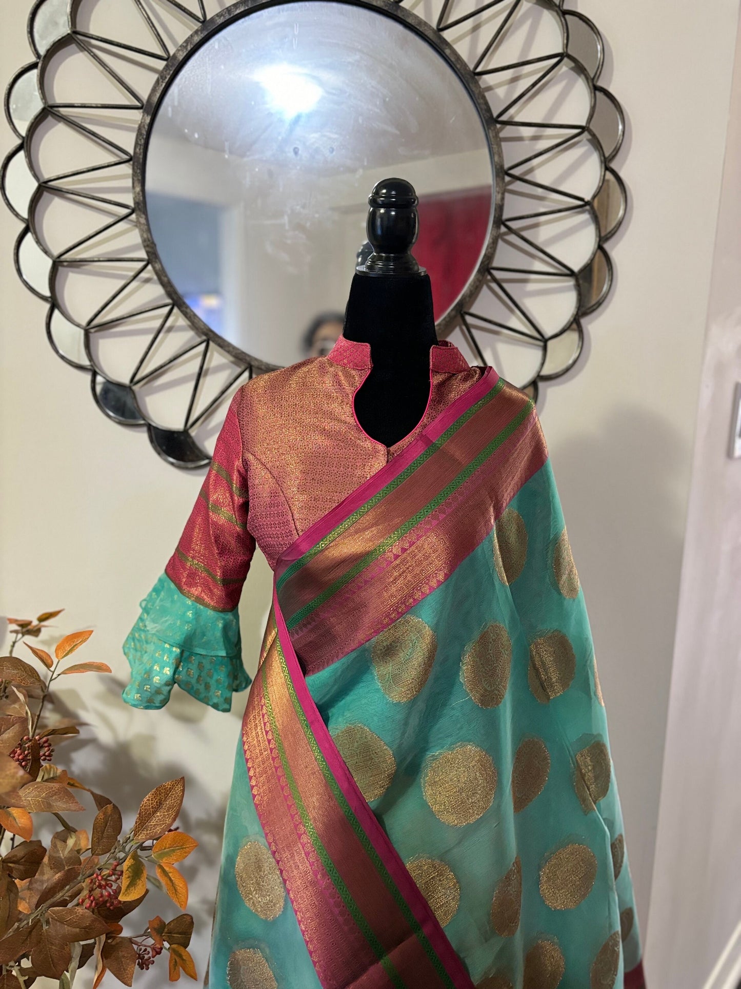 Beautiful Soft Banarasi kora organza cool pestal shades  paired up with ready to wear pretty designer blouse fits to 32 to 46 size