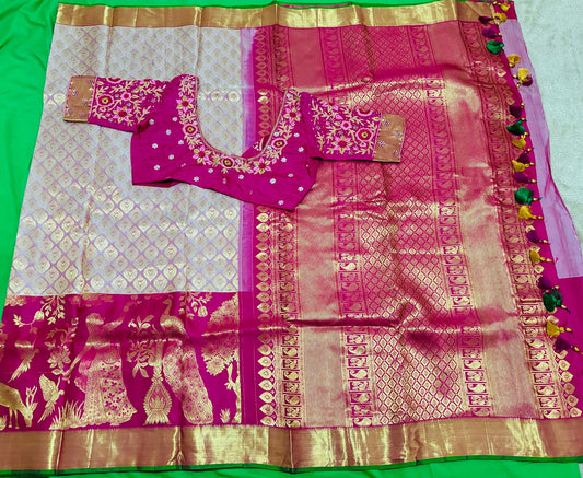 2 gram gold pure handloom  Silk Kanjeevarm/Kanchipattu Sarees; baby pink and hot pink ready to wear beautiful heavy maggam blouse 32-40 fit