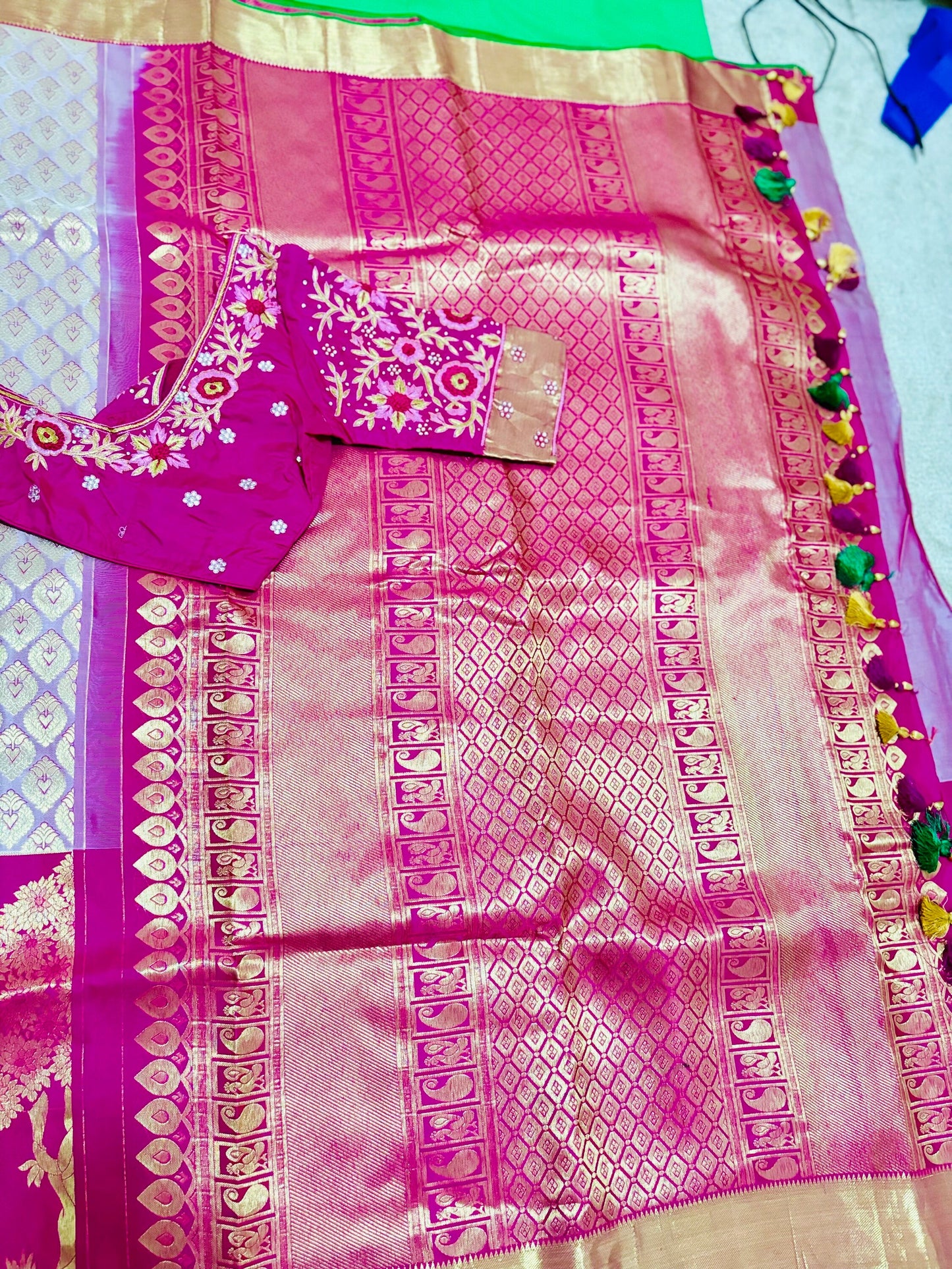 2 gram gold pure handloom  Silk Kanjeevarm/Kanchipattu Sarees; baby pink and hot pink ready to wear beautiful heavy maggam blouse 32-40 fit