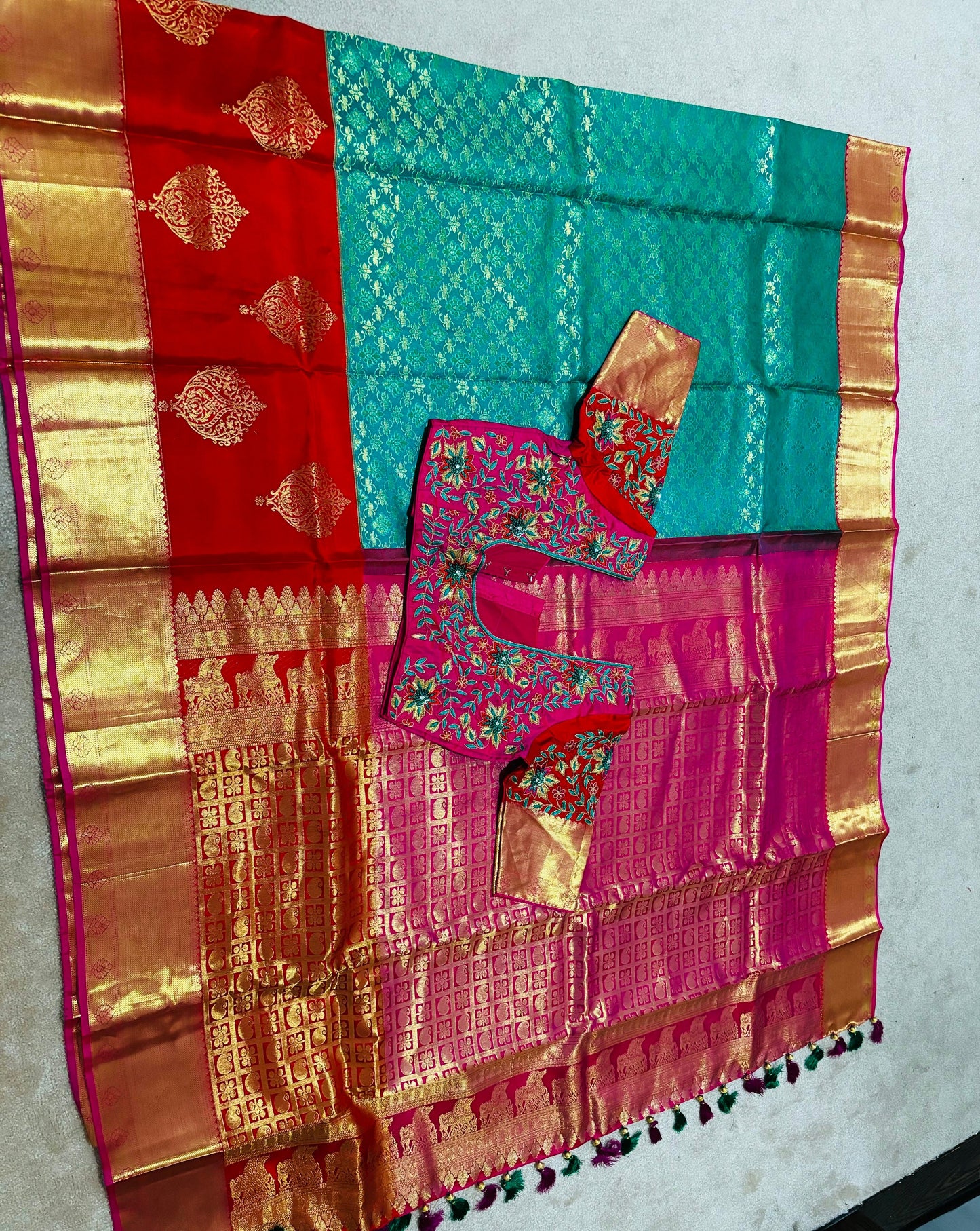 2 gram gold pure handloom  Silk Kanjeevarm/Kanchipattu Sarees; 3 color saree  ready to wear beautiful heavy maggam blouse 32-40 fit