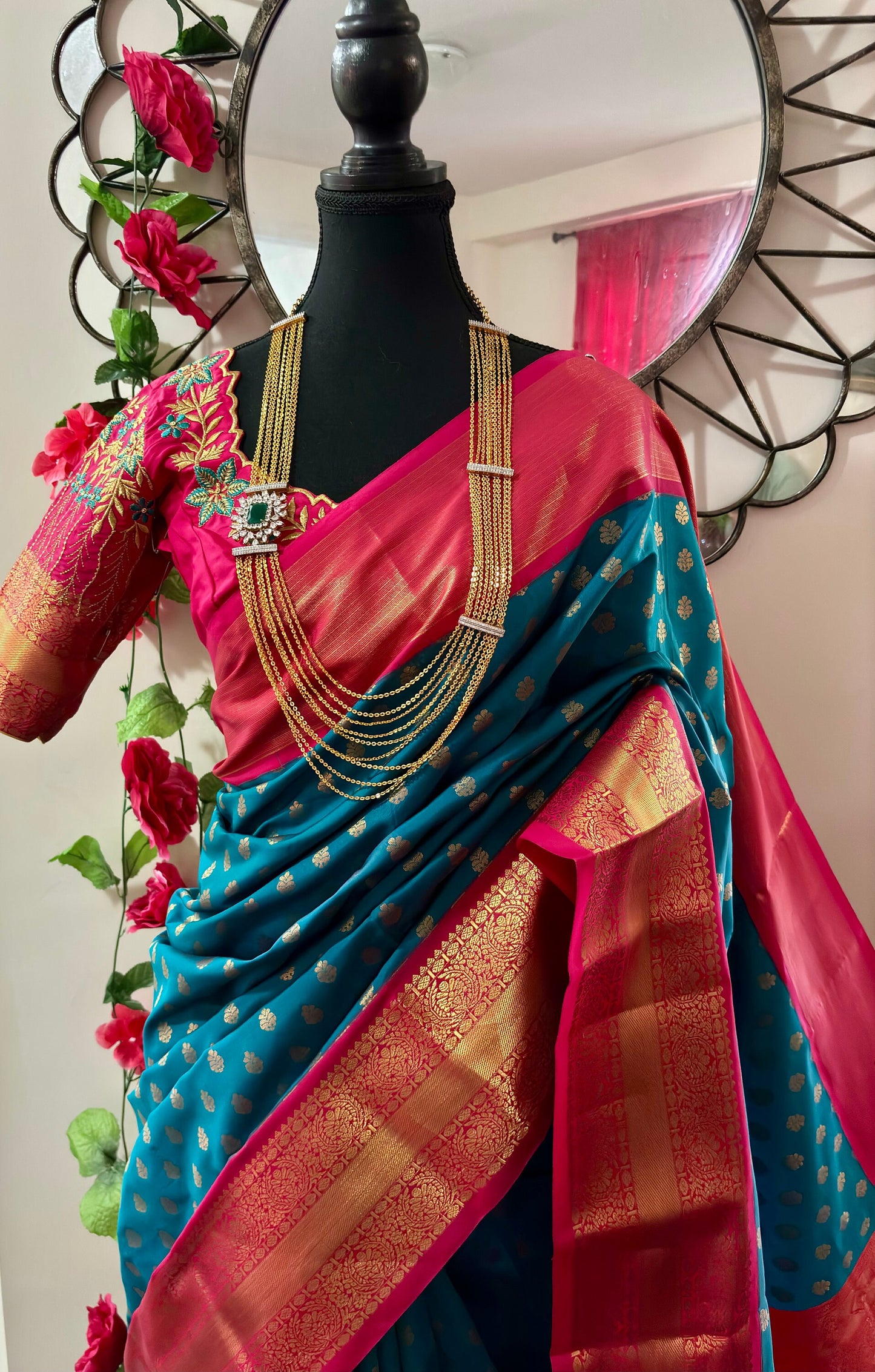 Kanchipuram soft silk saree in rare colors with beautifully done hand  made embroidered blouse with ready to wear work blouse fits 32 to 46