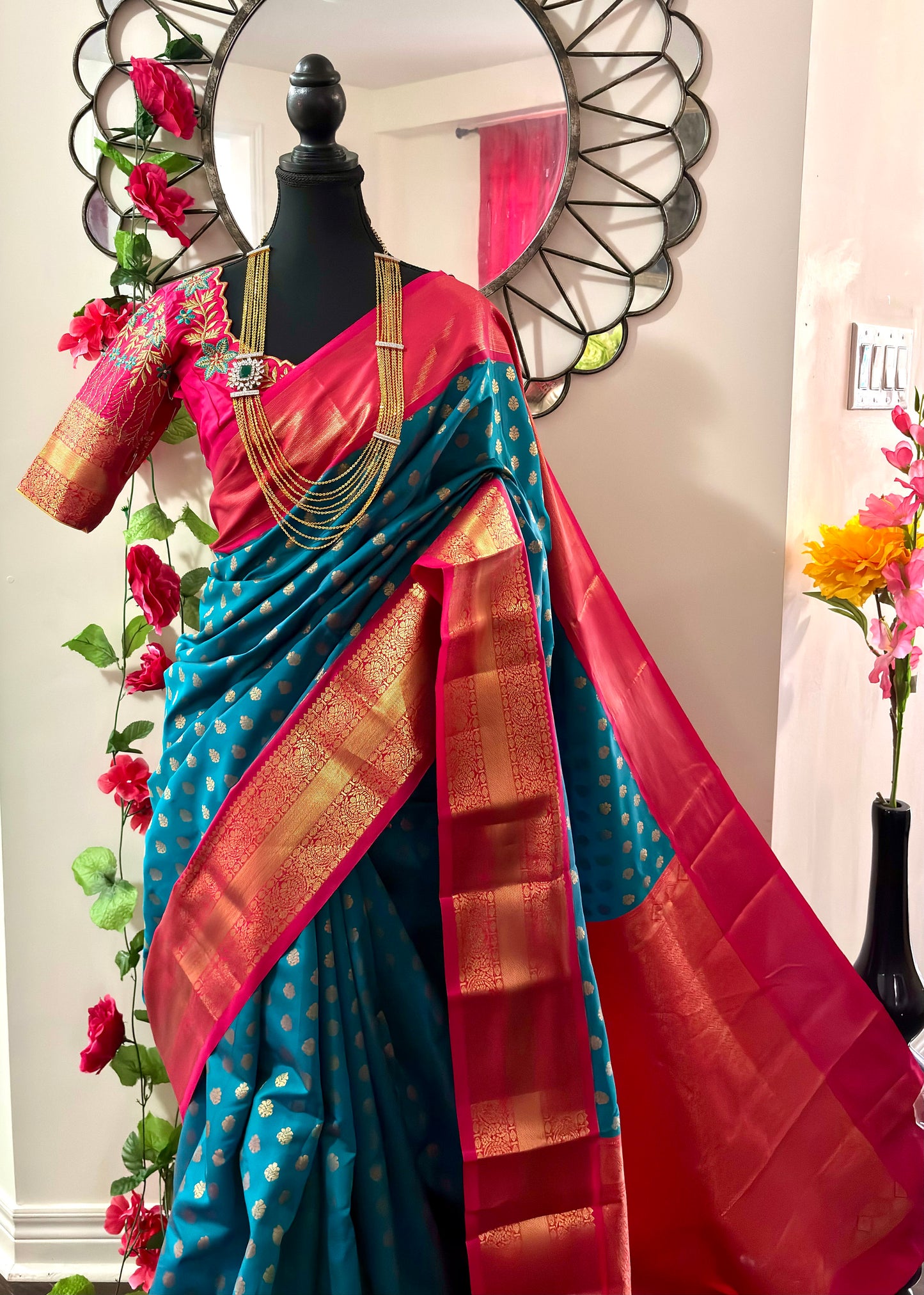 Kanchipuram soft silk saree in rare colors with beautifully done hand  made embroidered blouse with ready to wear work blouse fits 32 to 46