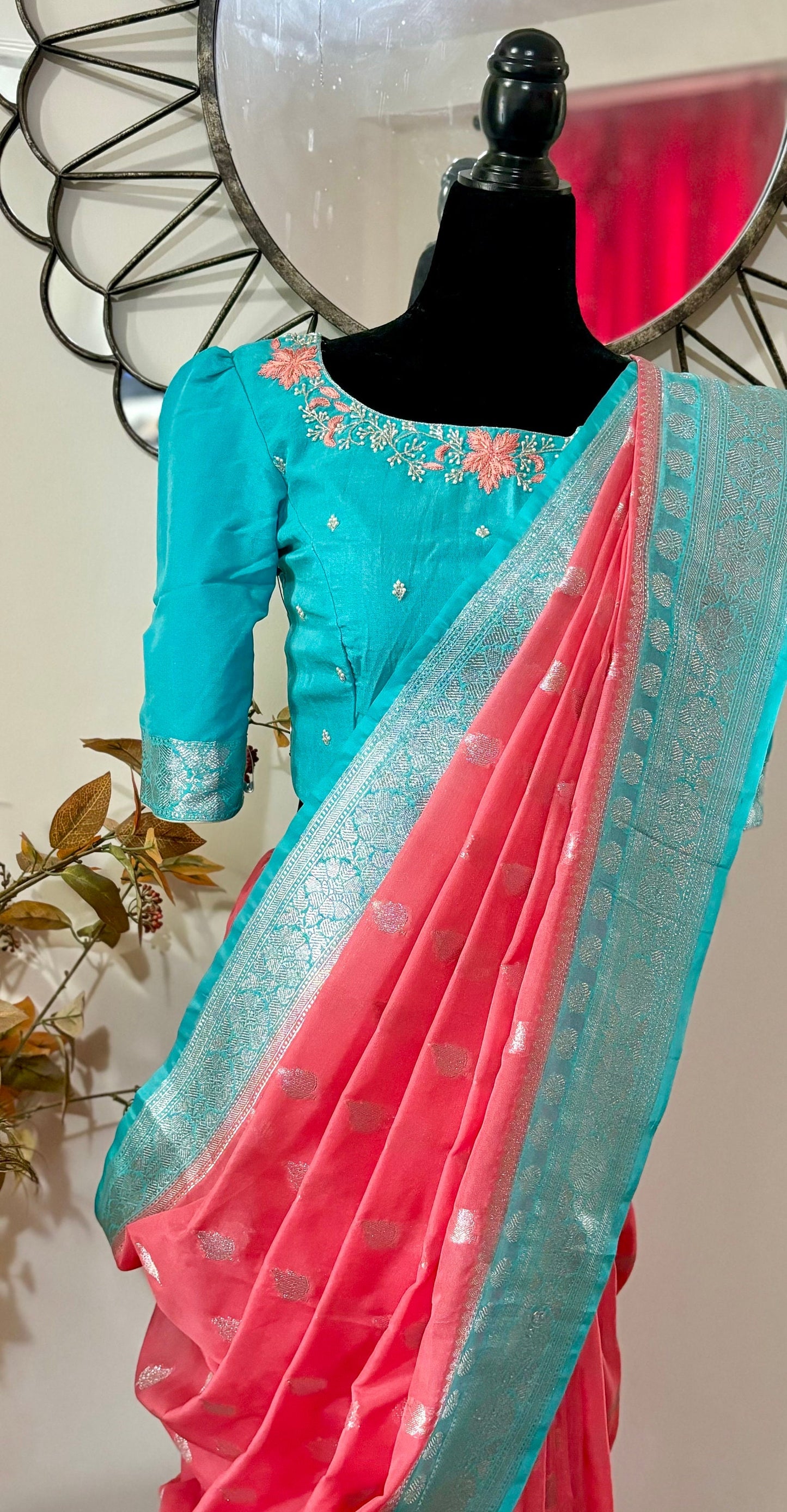 Beautiful banarasi saree paired up with pretty maggam work blouse fits to 32 to 46 awesome colors