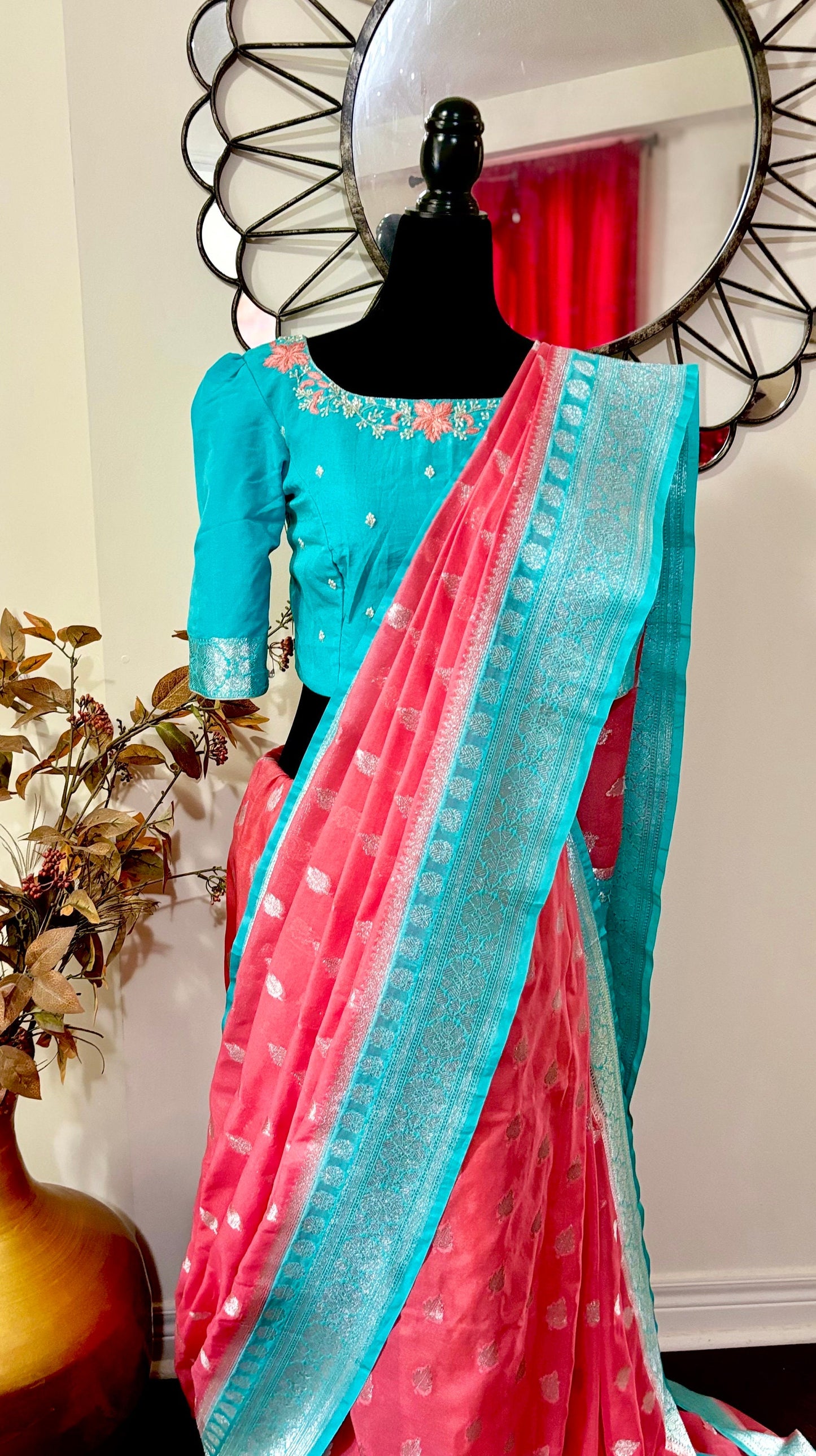 Beautiful banarasi saree paired up with pretty maggam work blouse fits to 32 to 46 awesome colors