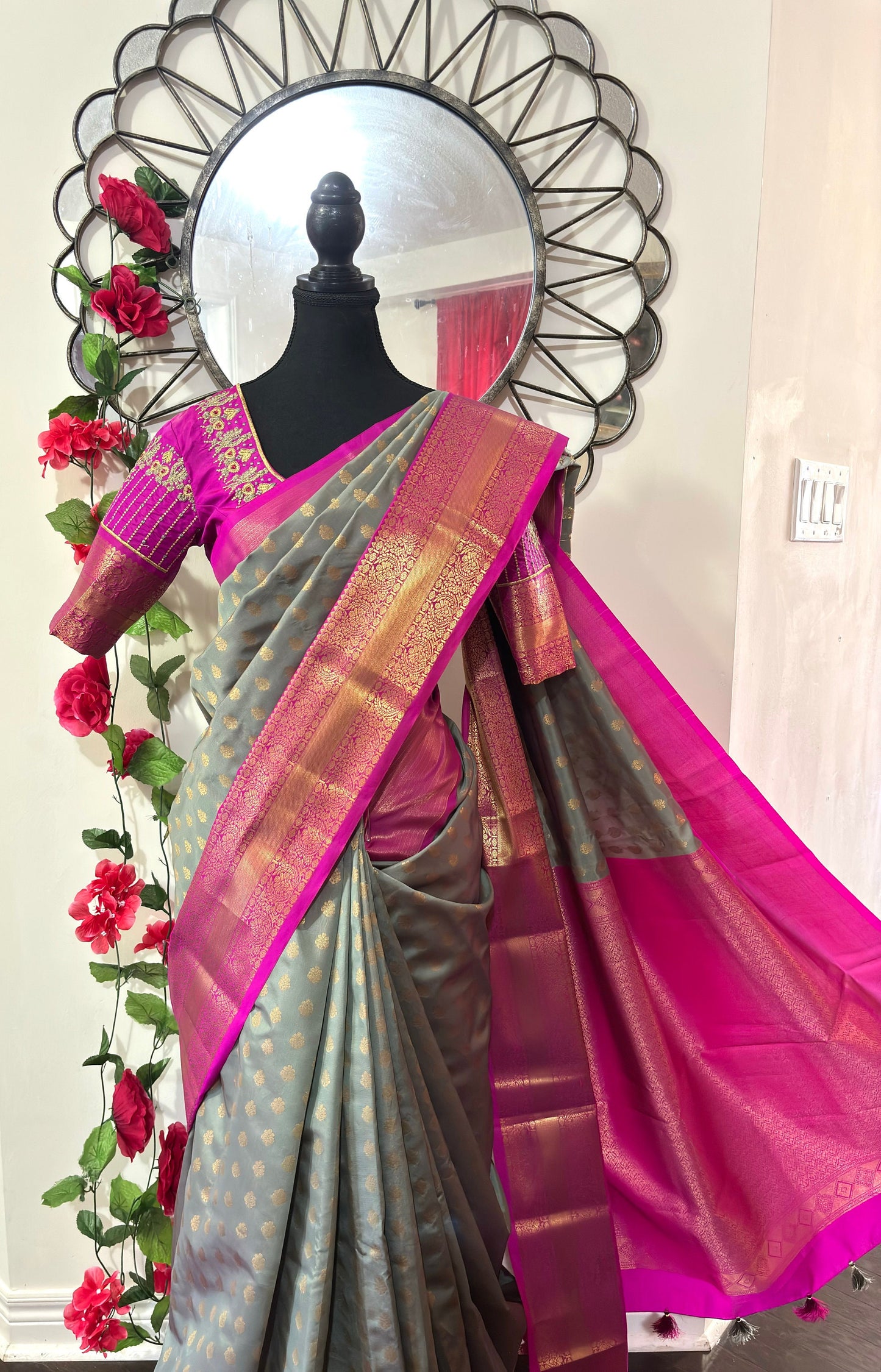 Kanchipuram soft silk saree in rarecolors with beautifully done hand  made embroidered blouse with readytowear work blouse fitsup to32 to 46