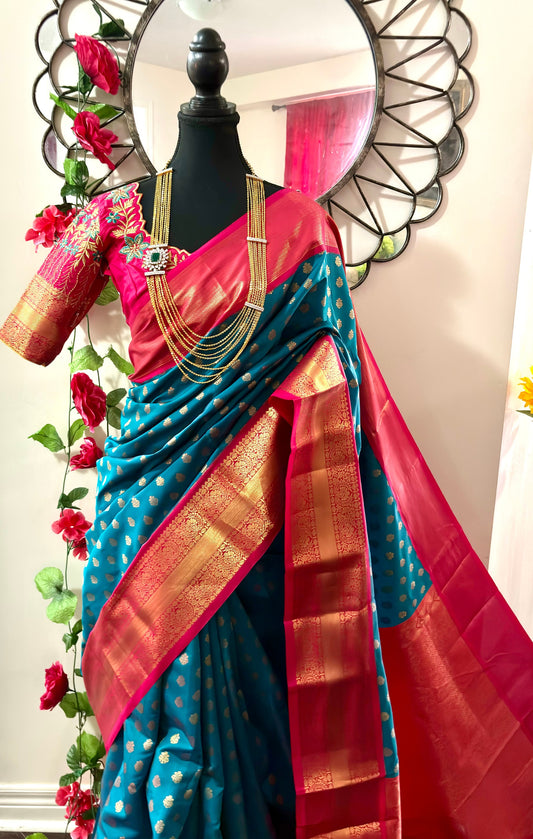 Kanchipuram soft silk saree in rare colors with beautifully done hand  made embroidered blouse with ready to wear work blouse fits 32 to 46