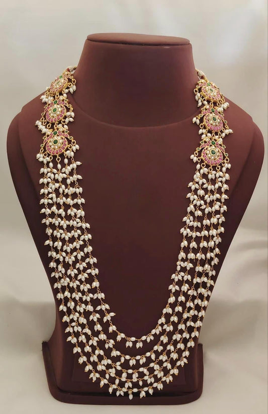 5 layer Diamond finish water rice pearls long haram with grand look for parties and weddings