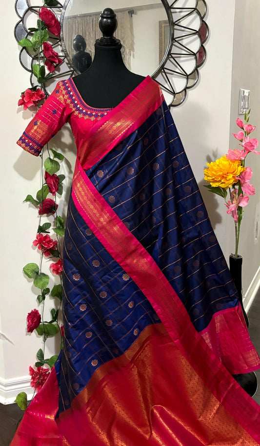 Gadwal fancy powerloo pure silk sarees ready to wear with embroidered blouse fits up to 32 - 46 saree is ready fall pico beautiful Navy blue