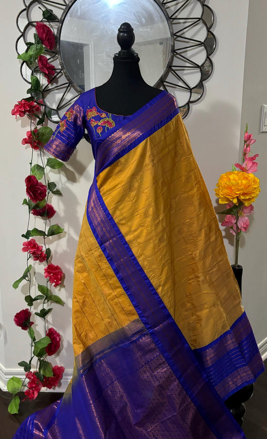 Gadwal fancy pose loom  silk sarees ready to wear with embroidered blouse fits up to 32 -46 saree is ready fall pico beautiful colors