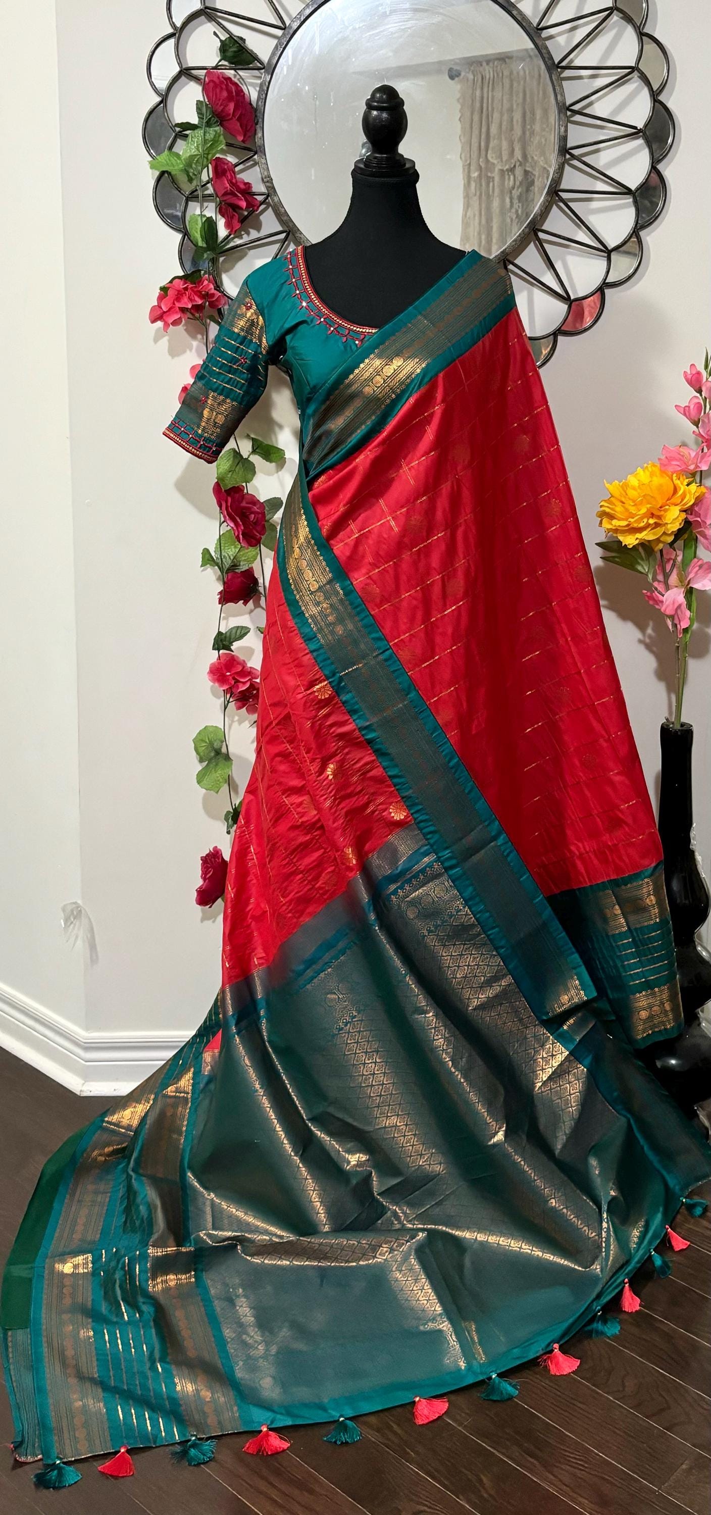 Gadwal fancy poweloom silk sarees ready to wear with embroidered blouse fits up to 32 -46 saree is ready fall pico beautiful colors