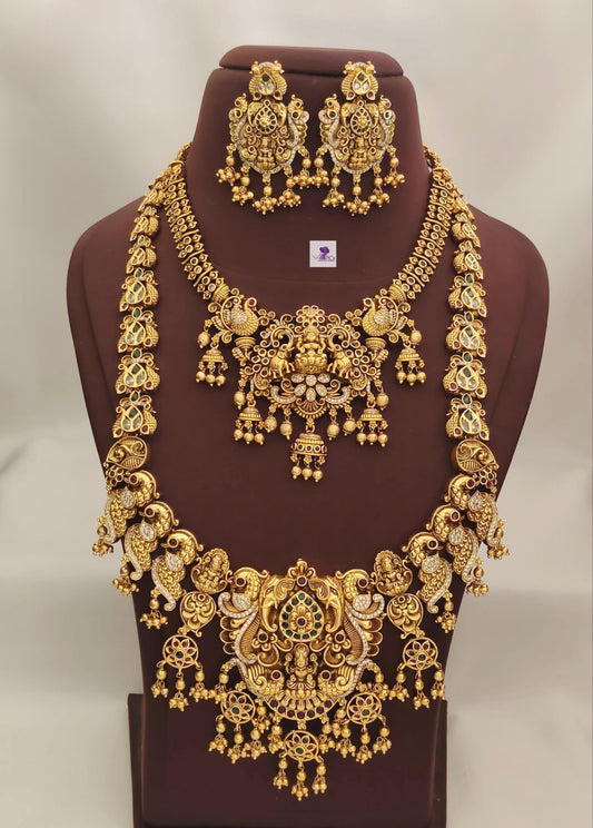 Party and wedding wear Anteque gold  finish one gram gold bridal set with precious workmanship handmade