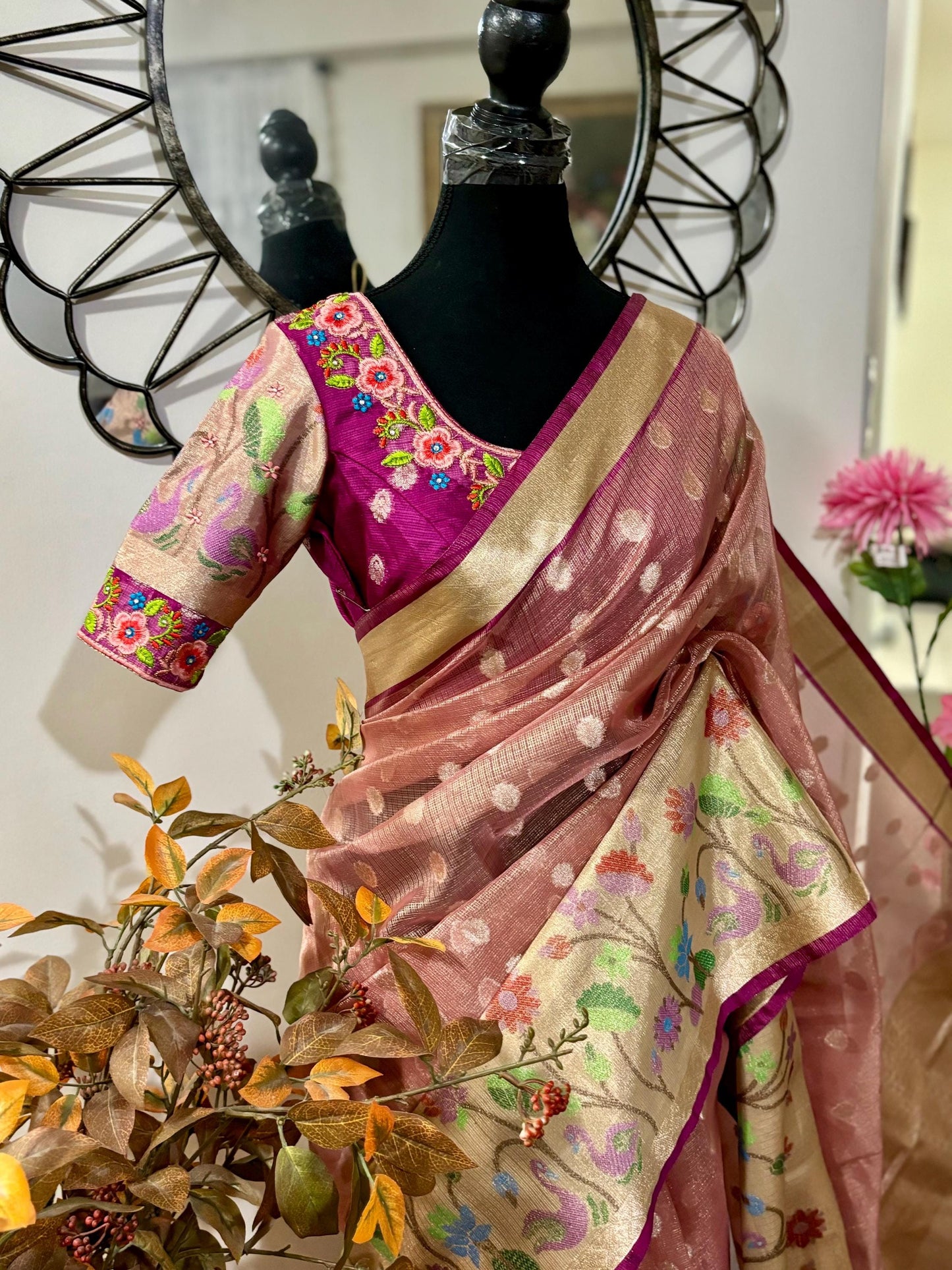 Beautiful Tissue Zari Kota saree with pythani Zari boardes and beautifully done work blouse paired up with pretty blouse fits up to 32 to 46