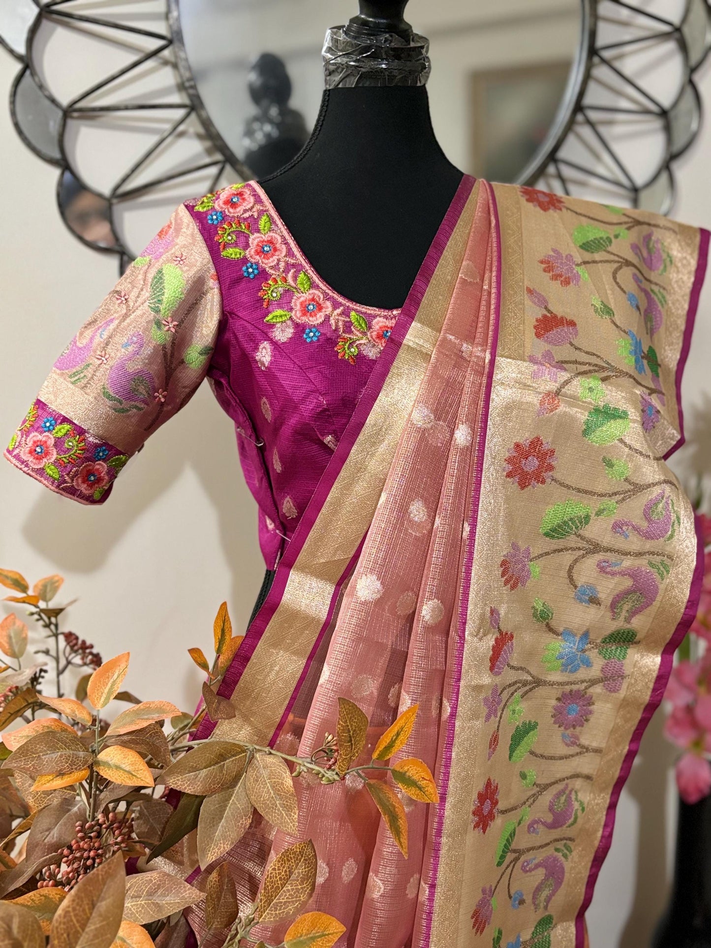 Beautiful Tissue Zari Kota saree with pythani Zari boardes and beautifully done work blouse paired up with pretty blouse fits up to 32 to 46